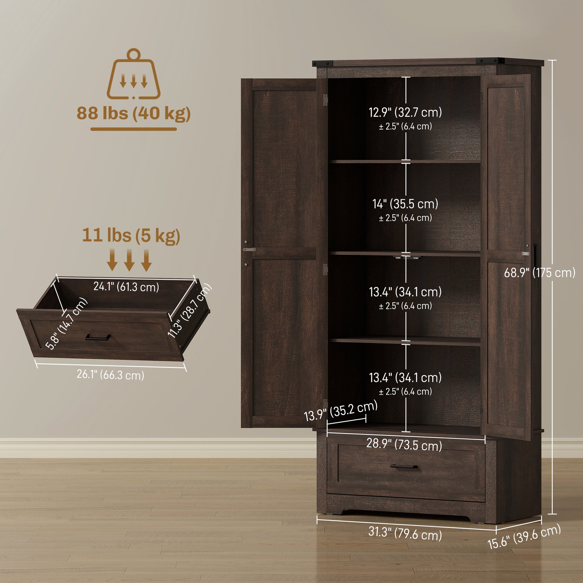 69" Farmhouse Kitchen Pantry Cabinet Dark Brown-DECOROLALA