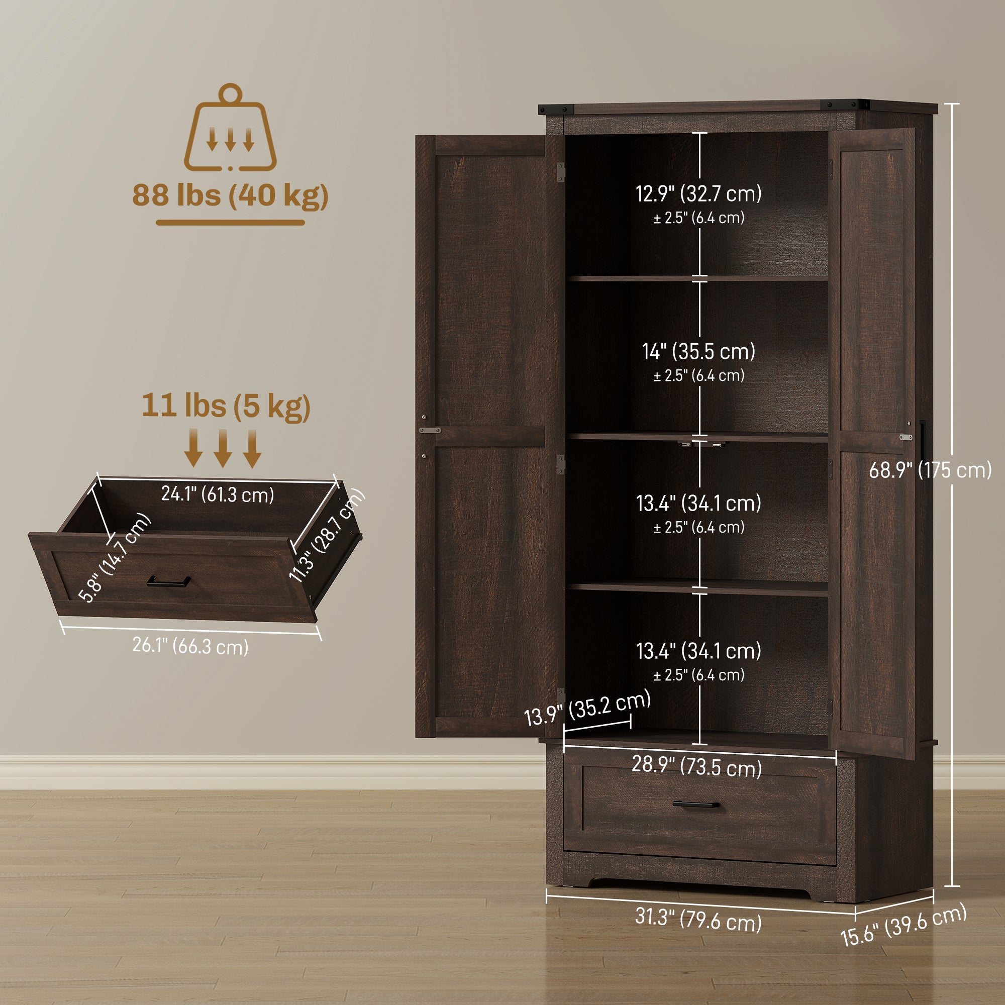 69" Farmhouse Kitchen Pantry Cabinet Dark Brown-DECOROLALA