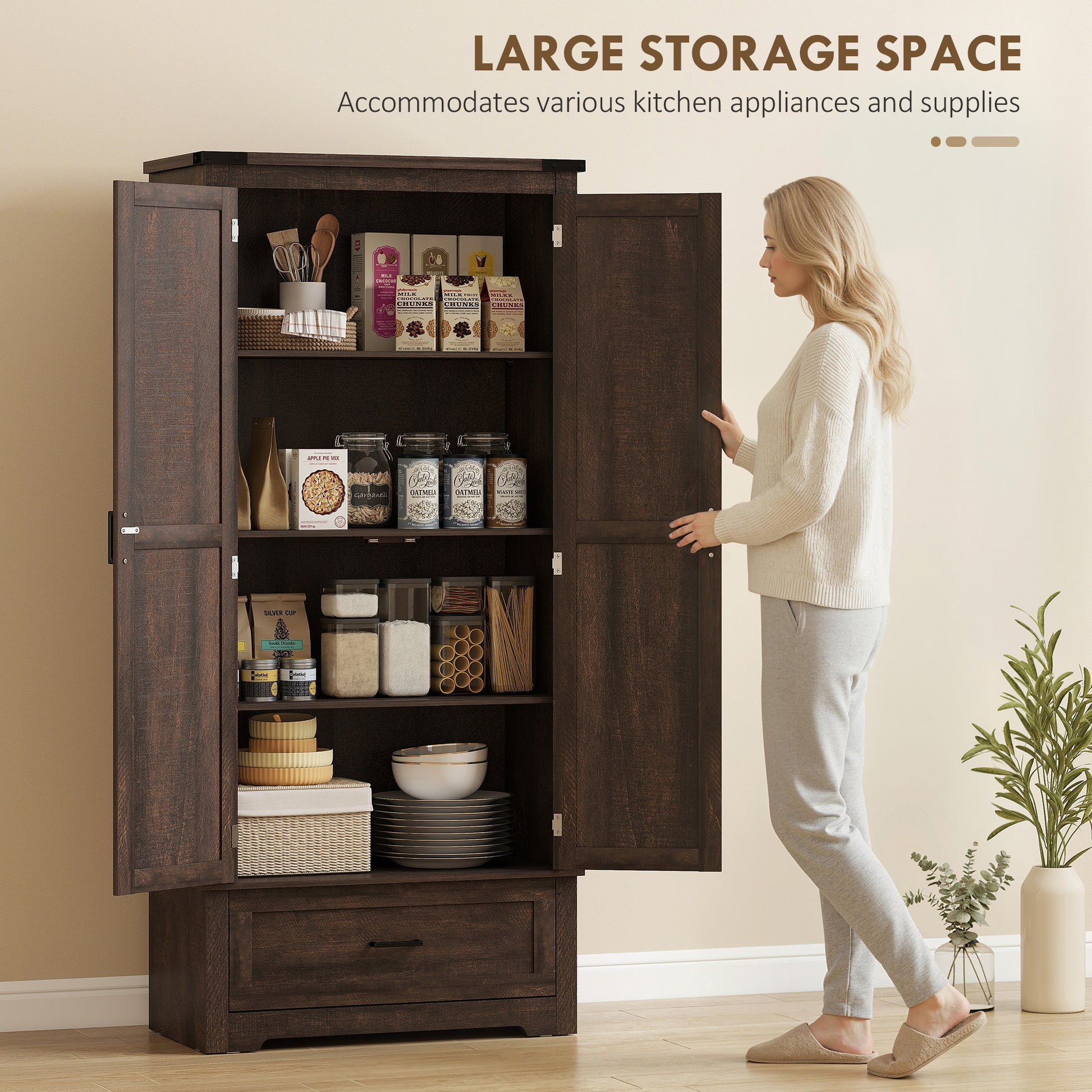 69" Farmhouse Kitchen Pantry Cabinet Dark Brown-DECOROLALA