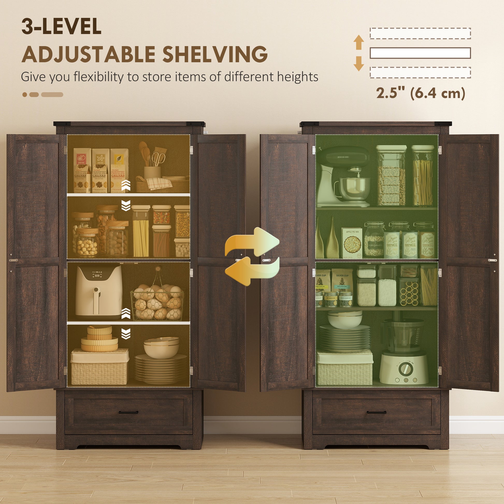 69" Farmhouse Kitchen Pantry Cabinet Dark Brown-DECOROLALA