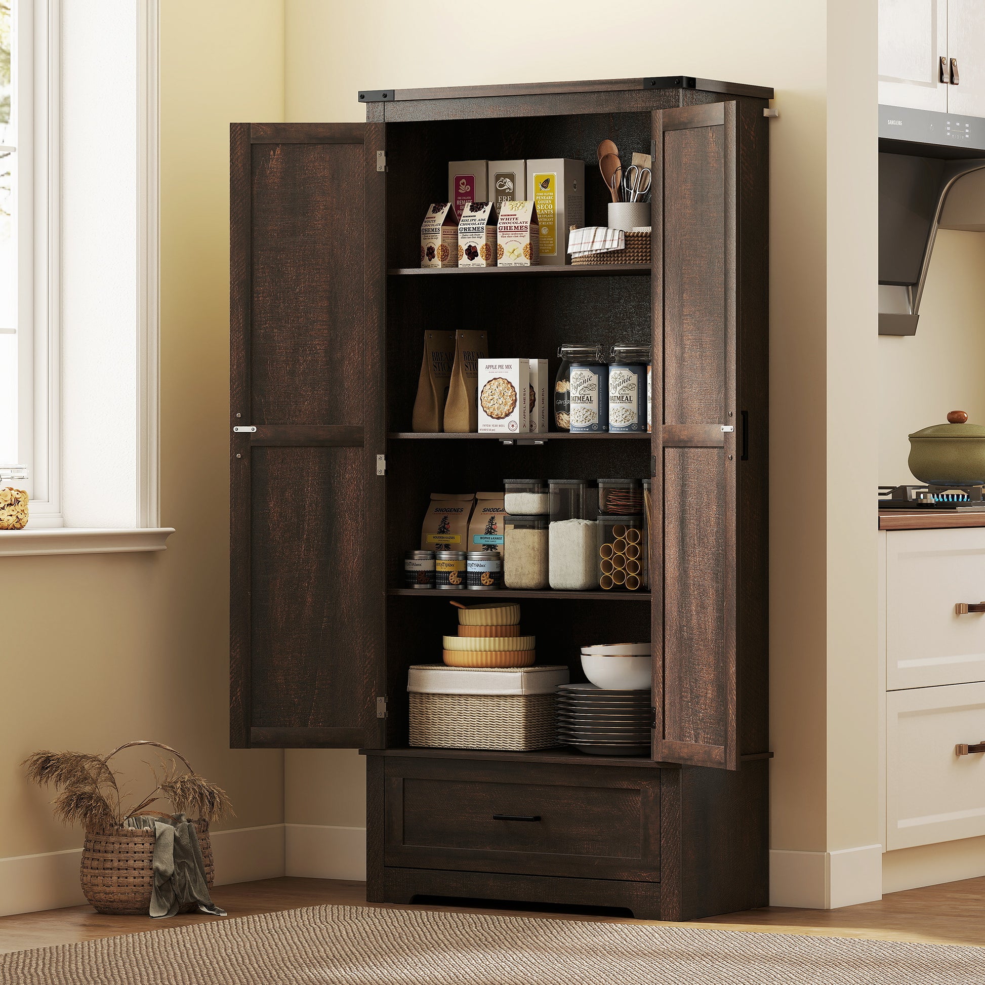 69" Farmhouse Kitchen Pantry Cabinet Dark Brown-DECOROLALA