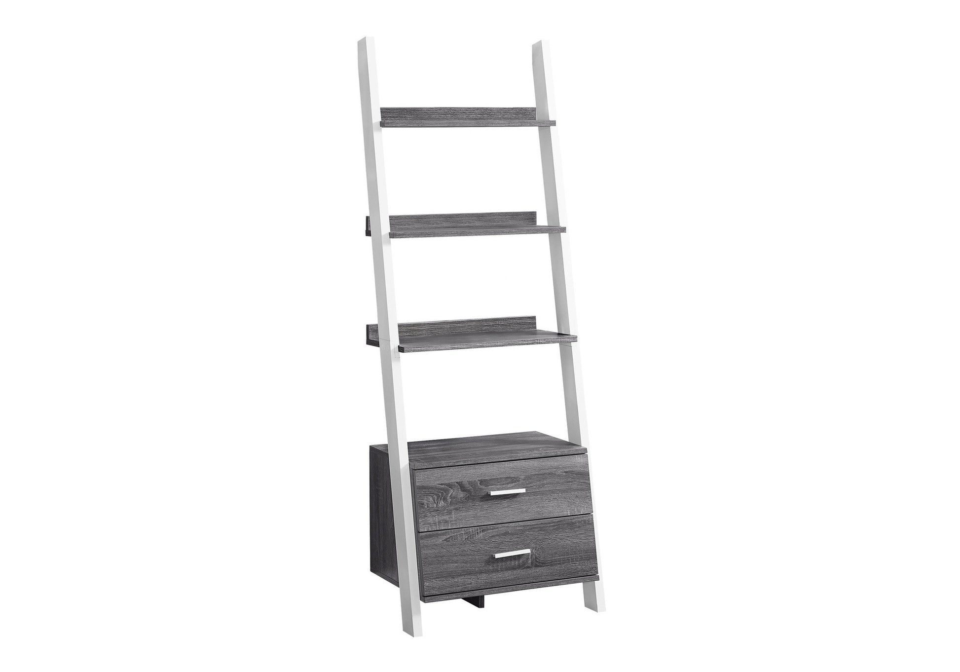 69" Gray and White Wood Ladder Bookcase With Two drawers-Bookcases-DECOROLALA