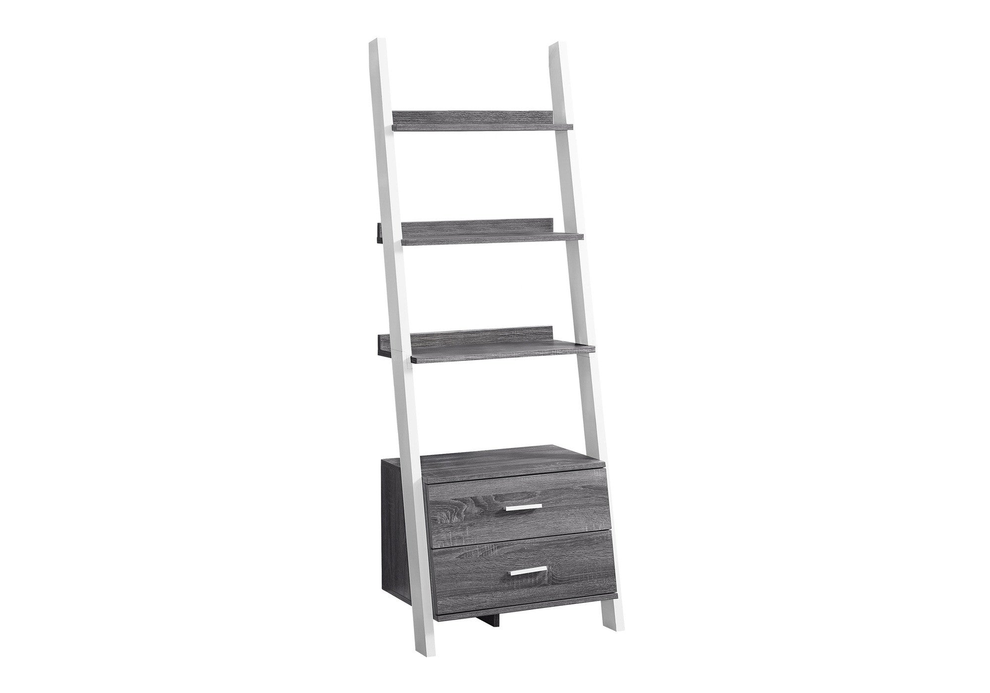 69" Gray and White Wood Ladder Bookcase With Two drawers-Bookcases-DECOROLALA