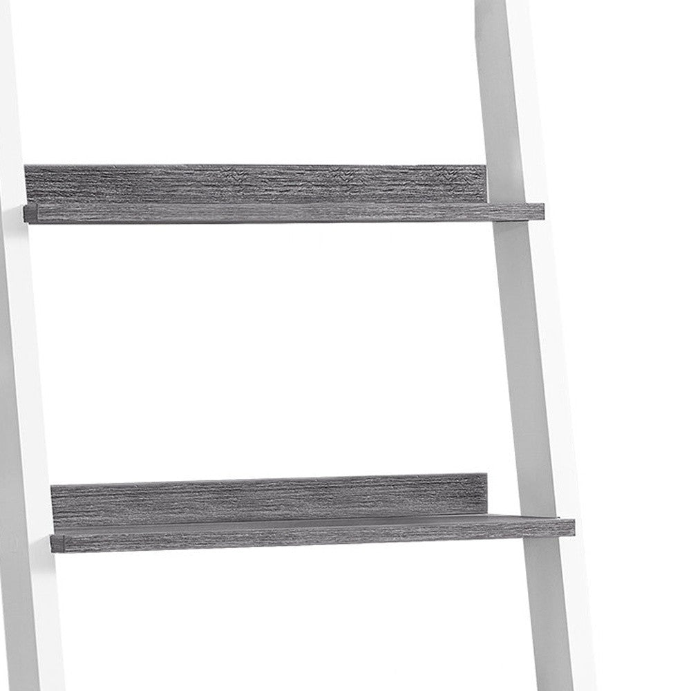 69" Gray and White Wood Ladder Bookcase With Two drawers-Bookcases-DECOROLALA