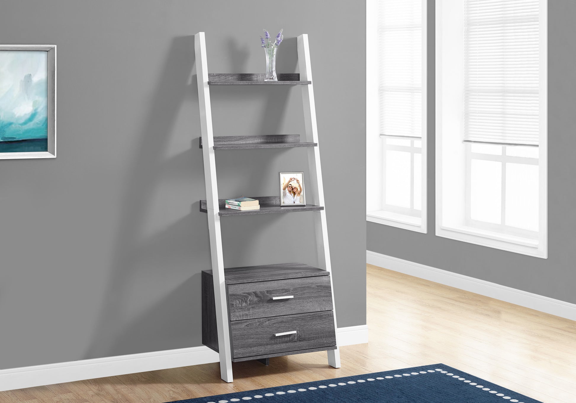 69" Gray and White Wood Ladder Bookcase With Two drawers-Bookcases-DECOROLALA
