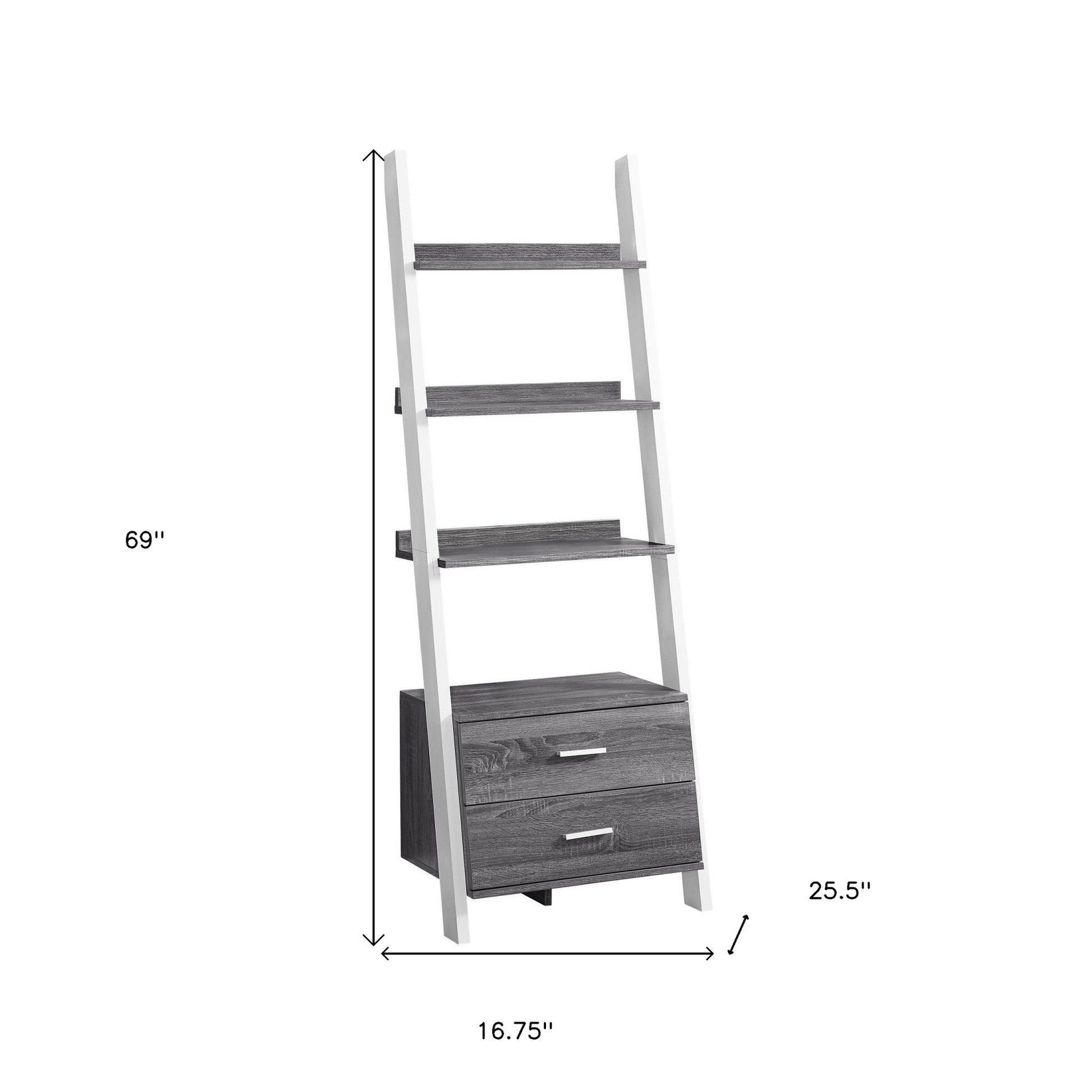 69" Gray and White Wood Ladder Bookcase With Two drawers-Bookcases-DECOROLALA