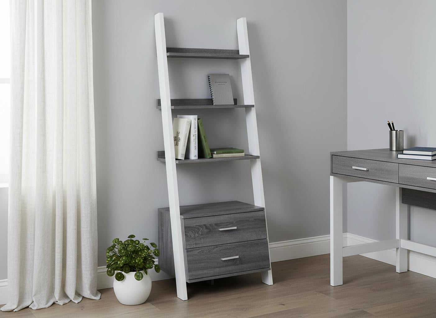 69" Gray and White Wood Ladder Bookcase With Two drawers-Bookcases-DECOROLALA