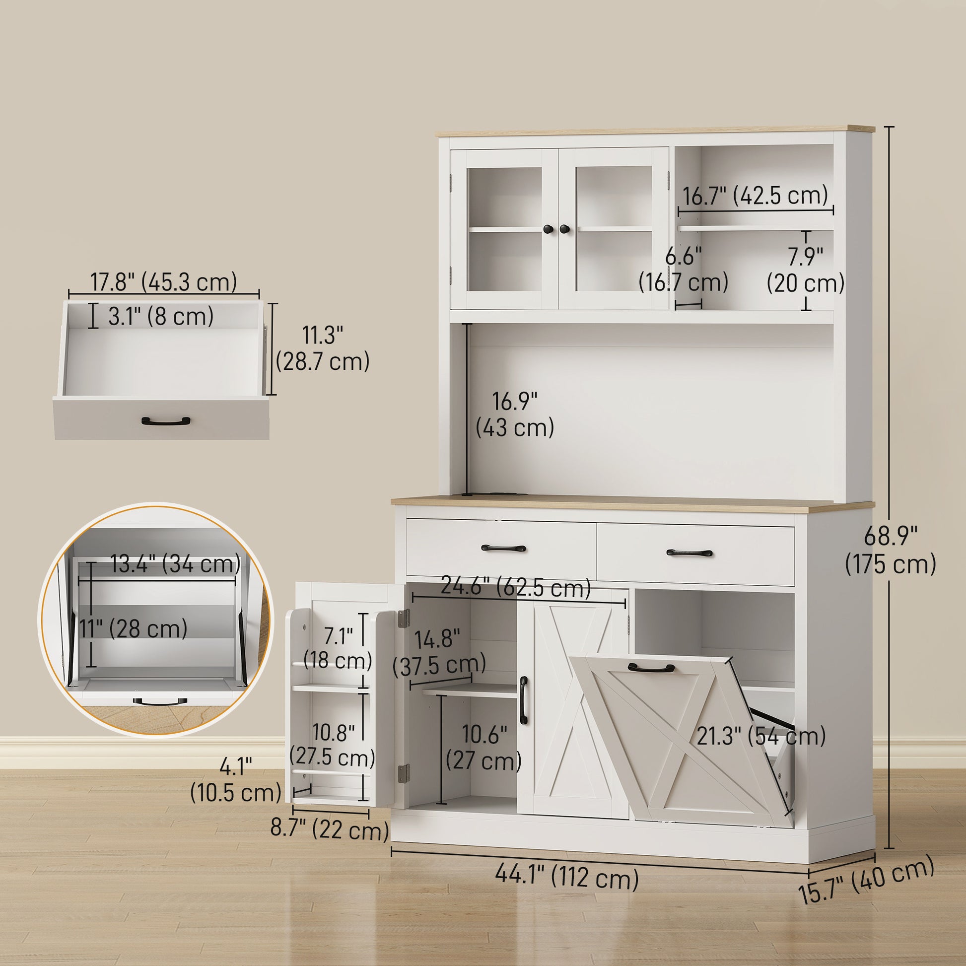 69" Kitchen Cabinet with Charging Station & Microwave Stand - White-DECOROLALA
