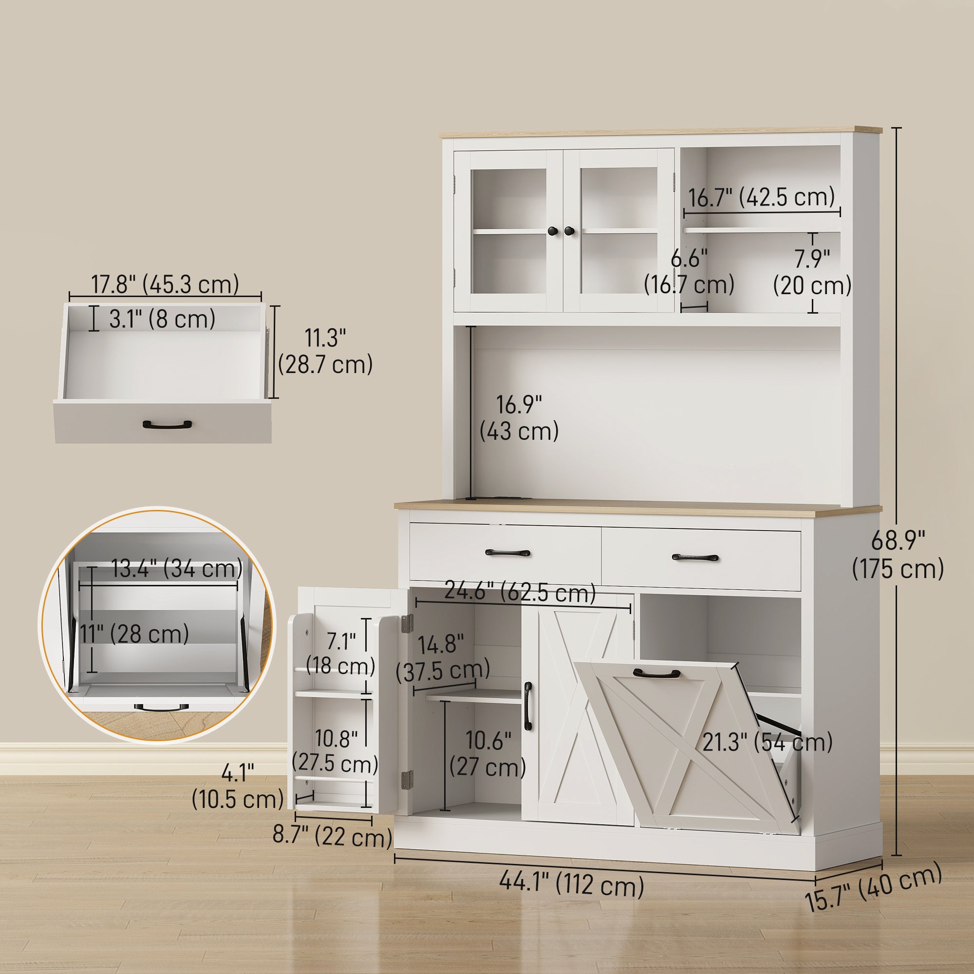 69" Kitchen Cabinet with Charging Station & Microwave Stand - White-DECOROLALA