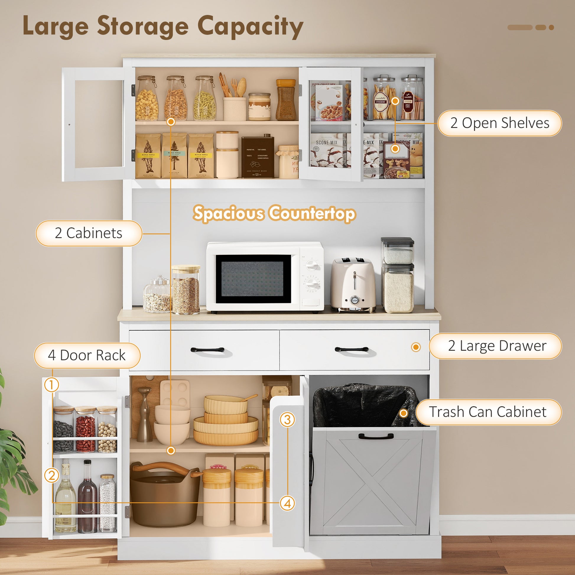 69" Kitchen Cabinet with Charging Station & Microwave Stand - White-DECOROLALA