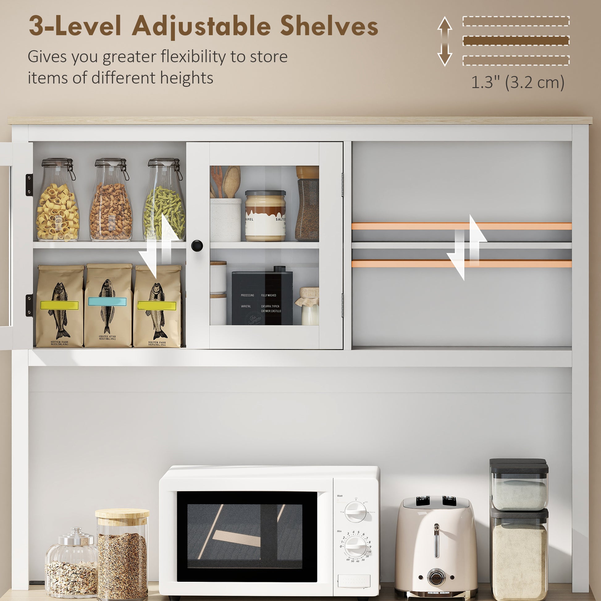 69" Kitchen Cabinet with Charging Station & Microwave Stand - White-DECOROLALA