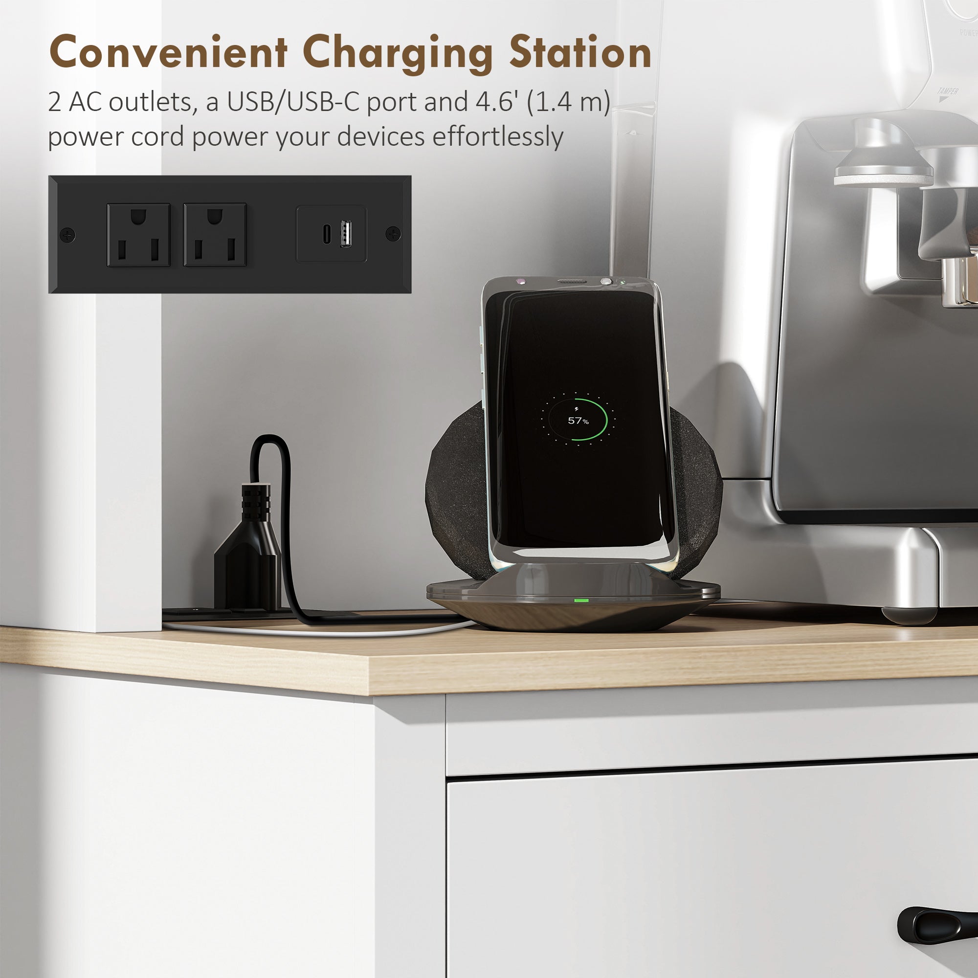 69" Kitchen Cabinet with Charging Station & Microwave Stand - White-DECOROLALA