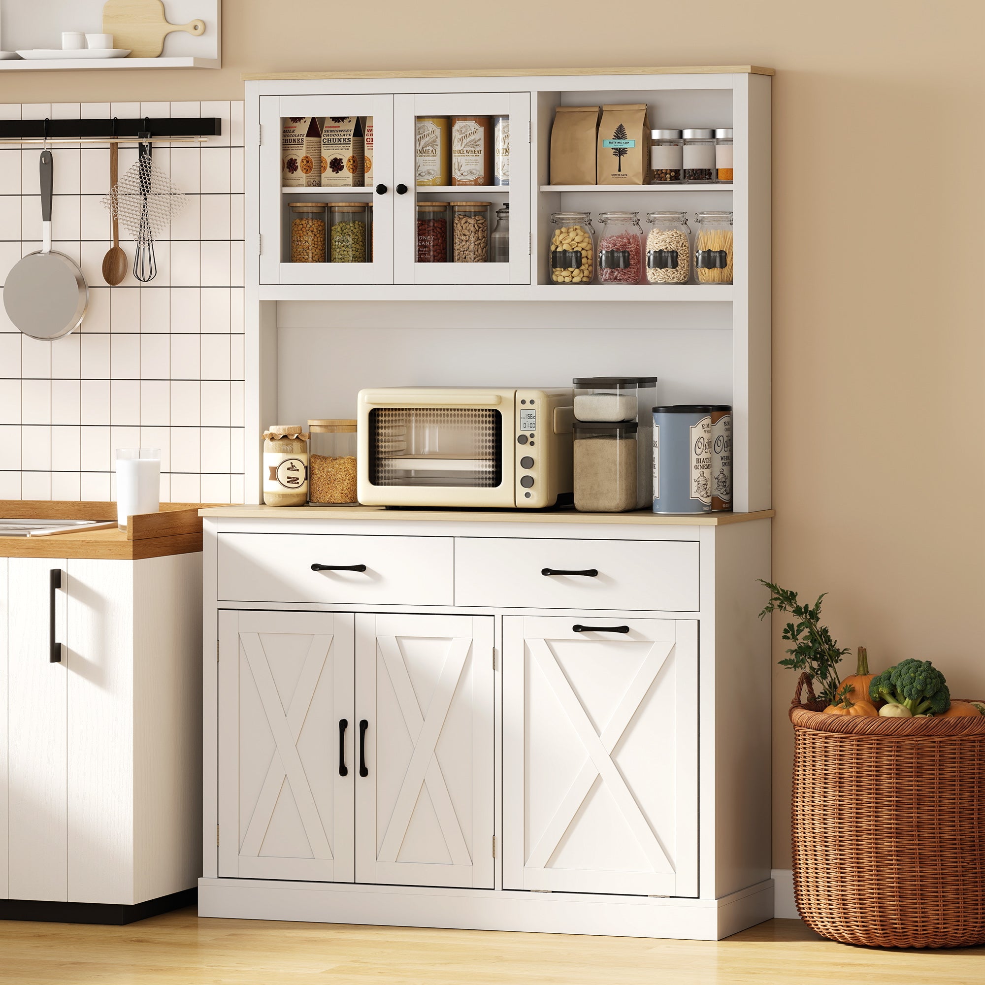 69" Kitchen Cabinet with Charging Station & Microwave Stand - White-DECOROLALA