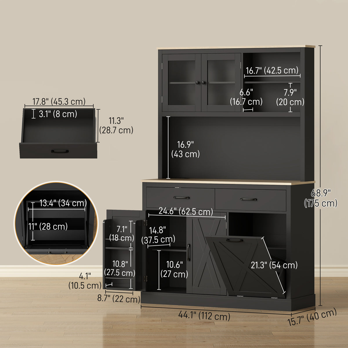 69" Kitchen Pantry Cabinet with Charging Station - Black-Home Furnishings > Storage & Organization > Kitchen Pantry Cabinets-DECOROLALA