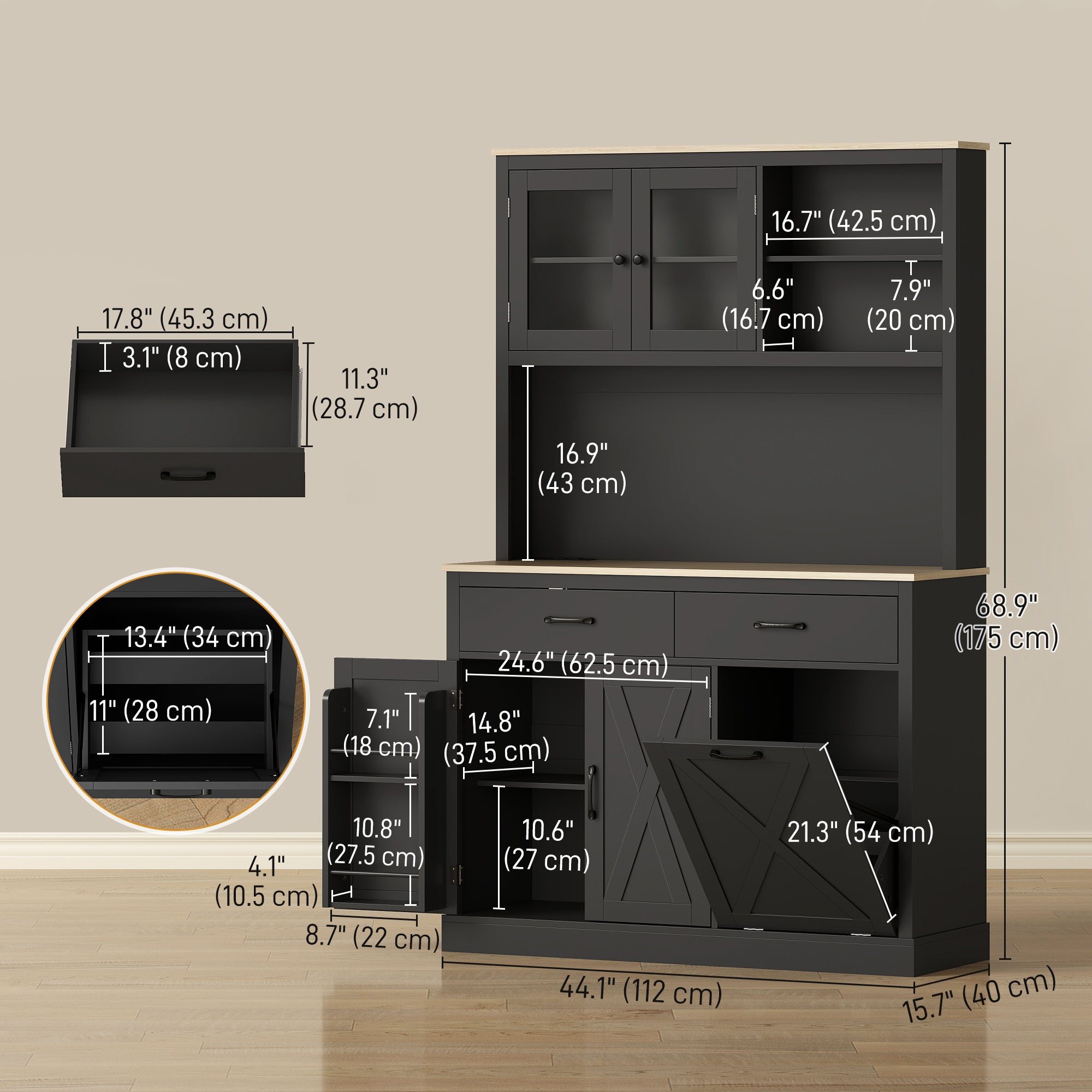 69" Kitchen Pantry Cabinet with Charging Station - Black-Home Furnishings > Storage & Organization > Kitchen Pantry Cabinets-DECOROLALA