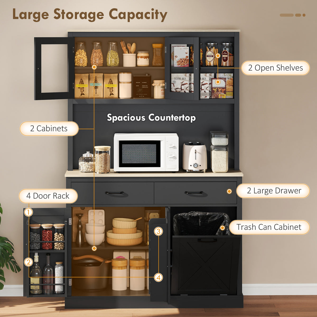69" Kitchen Pantry Cabinet with Charging Station - Black-Home Furnishings > Storage & Organization > Kitchen Pantry Cabinets-DECOROLALA