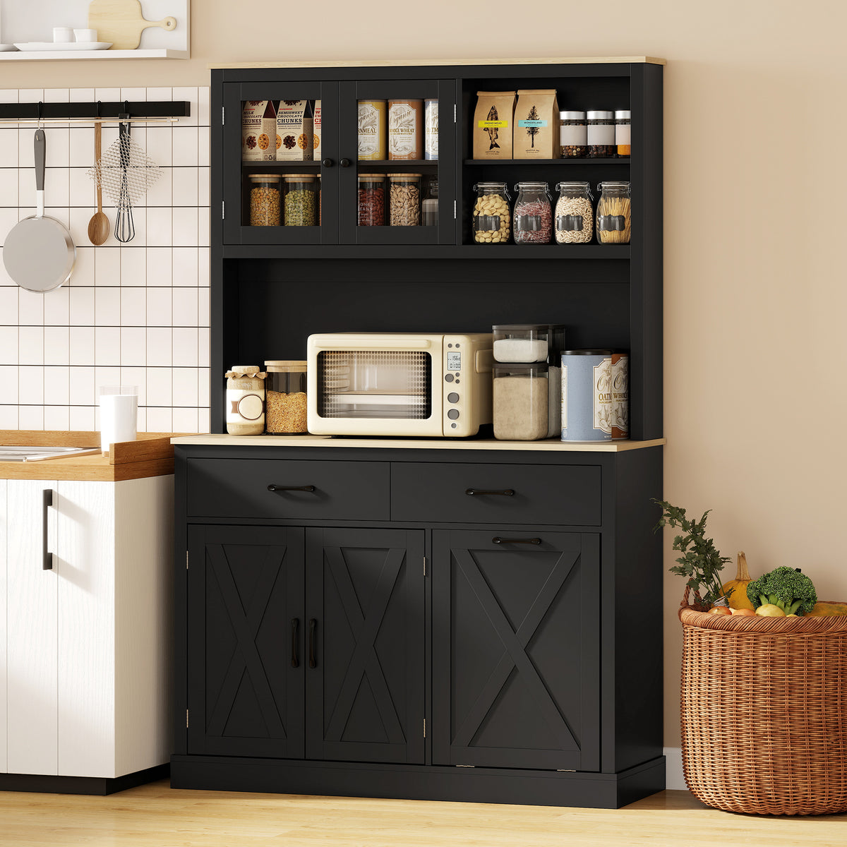 69" Kitchen Pantry Cabinet with Charging Station - Black-Home Furnishings > Storage & Organization > Kitchen Pantry Cabinets-DECOROLALA