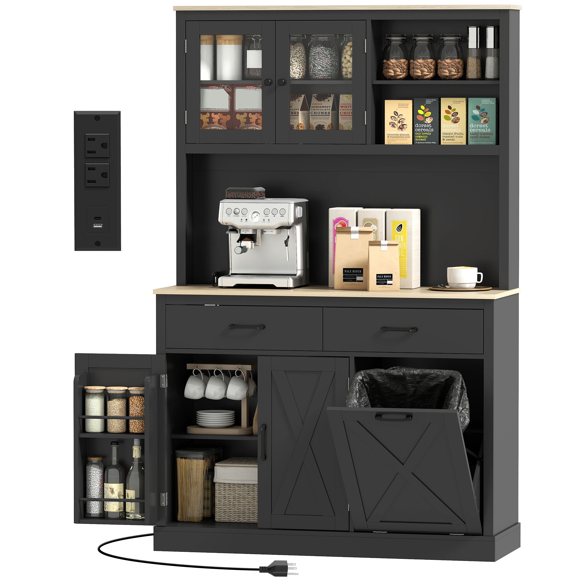 69" Kitchen Pantry Cabinet with Charging Station - Black-Home Furnishings > Storage & Organization > Kitchen Pantry Cabinets-DECOROLALA