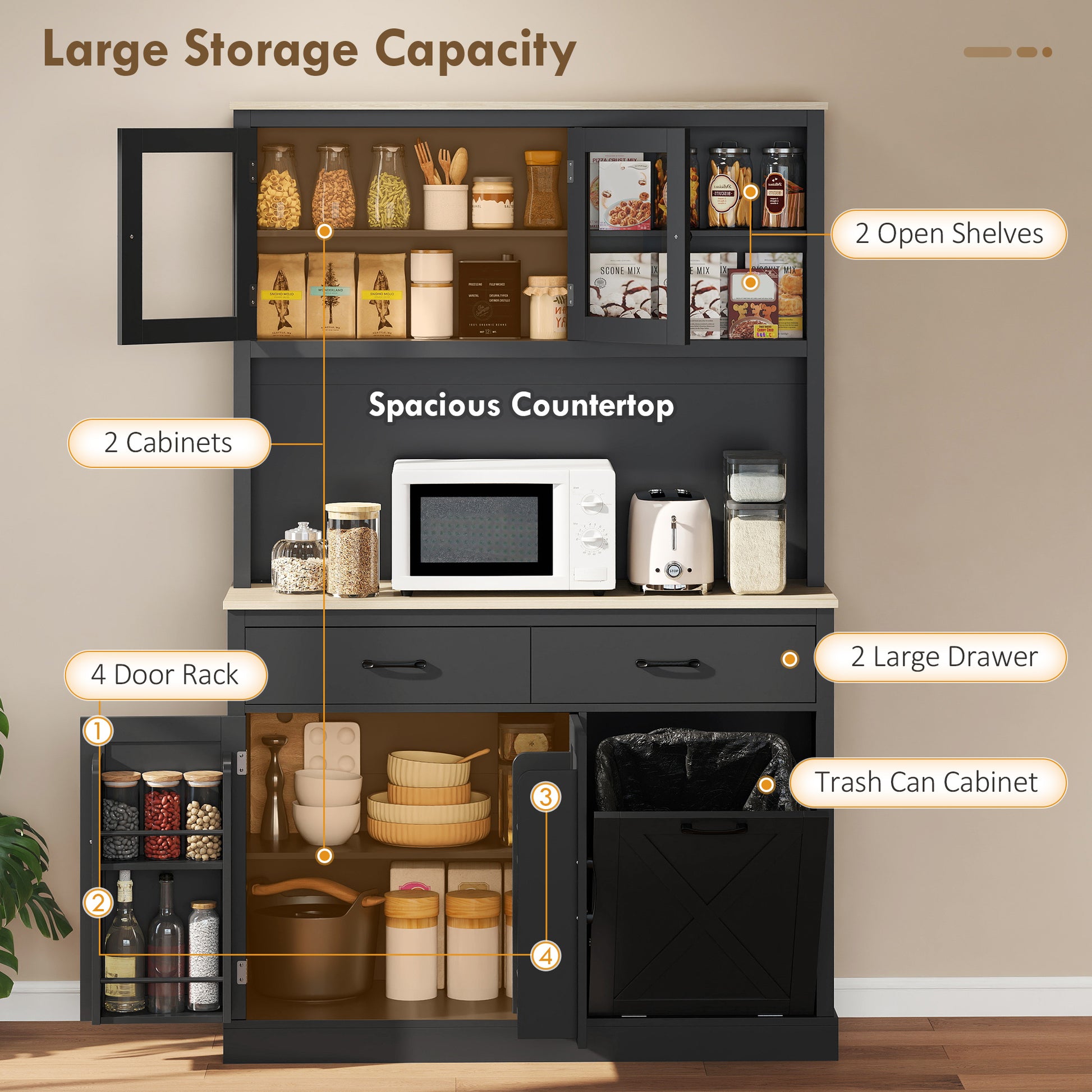 69" Kitchen Pantry Cabinet with Charging Station Kitchen Cabinet with Microwave Stand 7 Gallon Trash Can Cabinet Black-Home Furnishings > Storage & Organization > Kitchen Pantry Cabinets-DECOROLALA