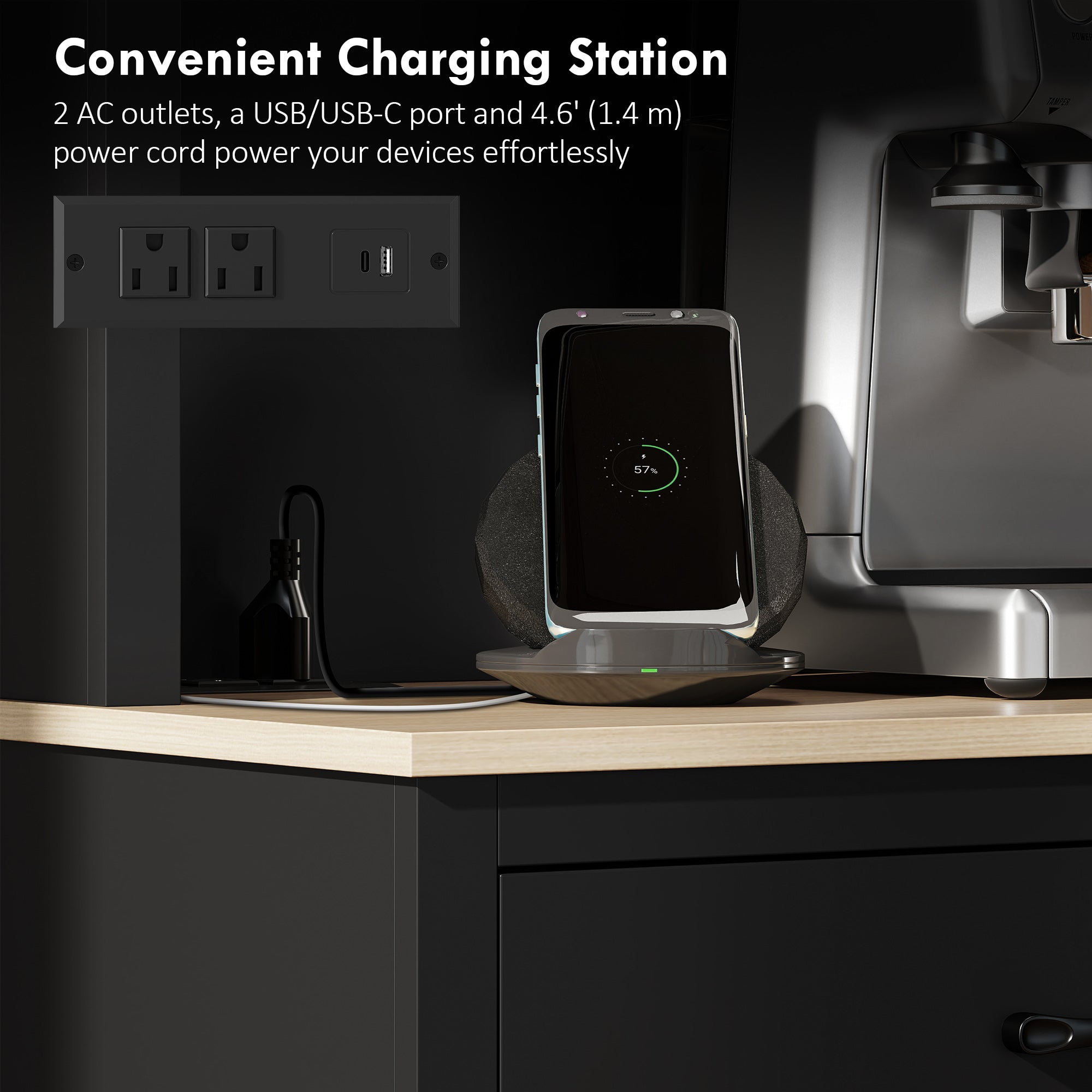 69" Kitchen Pantry Cabinet with Charging Station Kitchen Cabinet with Microwave Stand 7 Gallon Trash Can Cabinet Black-Home Furnishings > Storage & Organization > Kitchen Pantry Cabinets-DECOROLALA