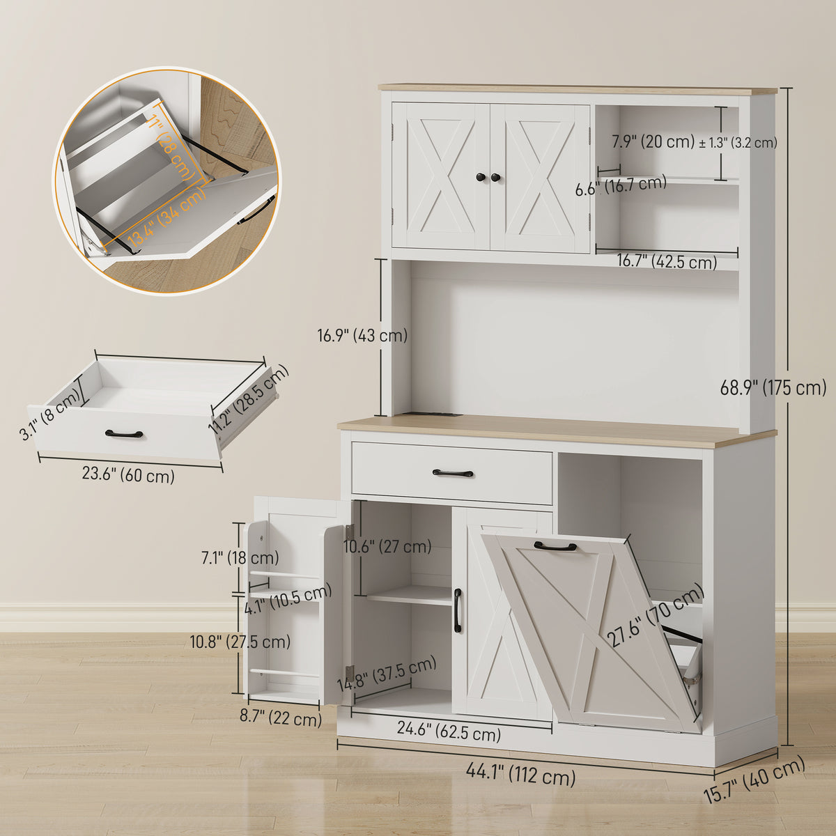 69" Kitchen Pantry Cabinet with Power Outlet - White/Oak-Home Furnishings > Storage & Organization > Kitchen Pantry Cabinets-DECOROLALA