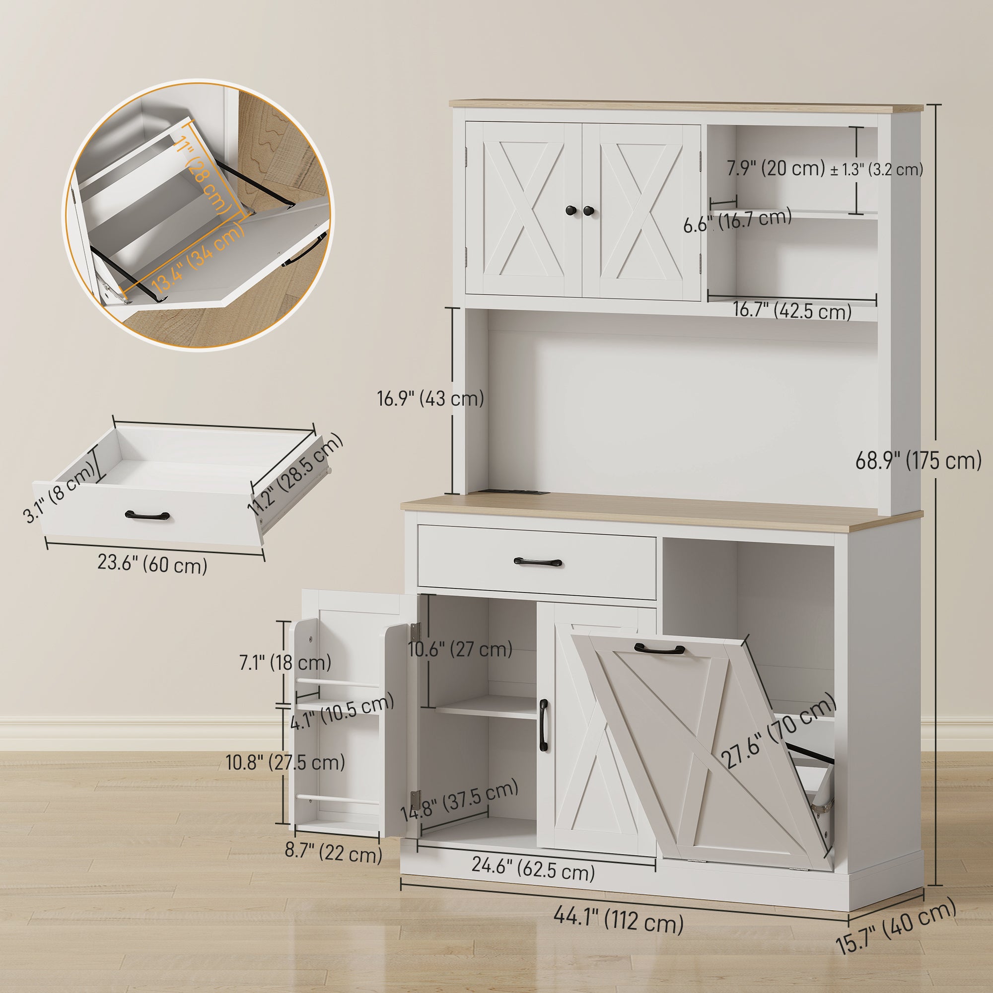 69" Kitchen Pantry Cabinet with Power Outlet - White/Oak-Home Furnishings > Storage & Organization > Kitchen Pantry Cabinets-DECOROLALA