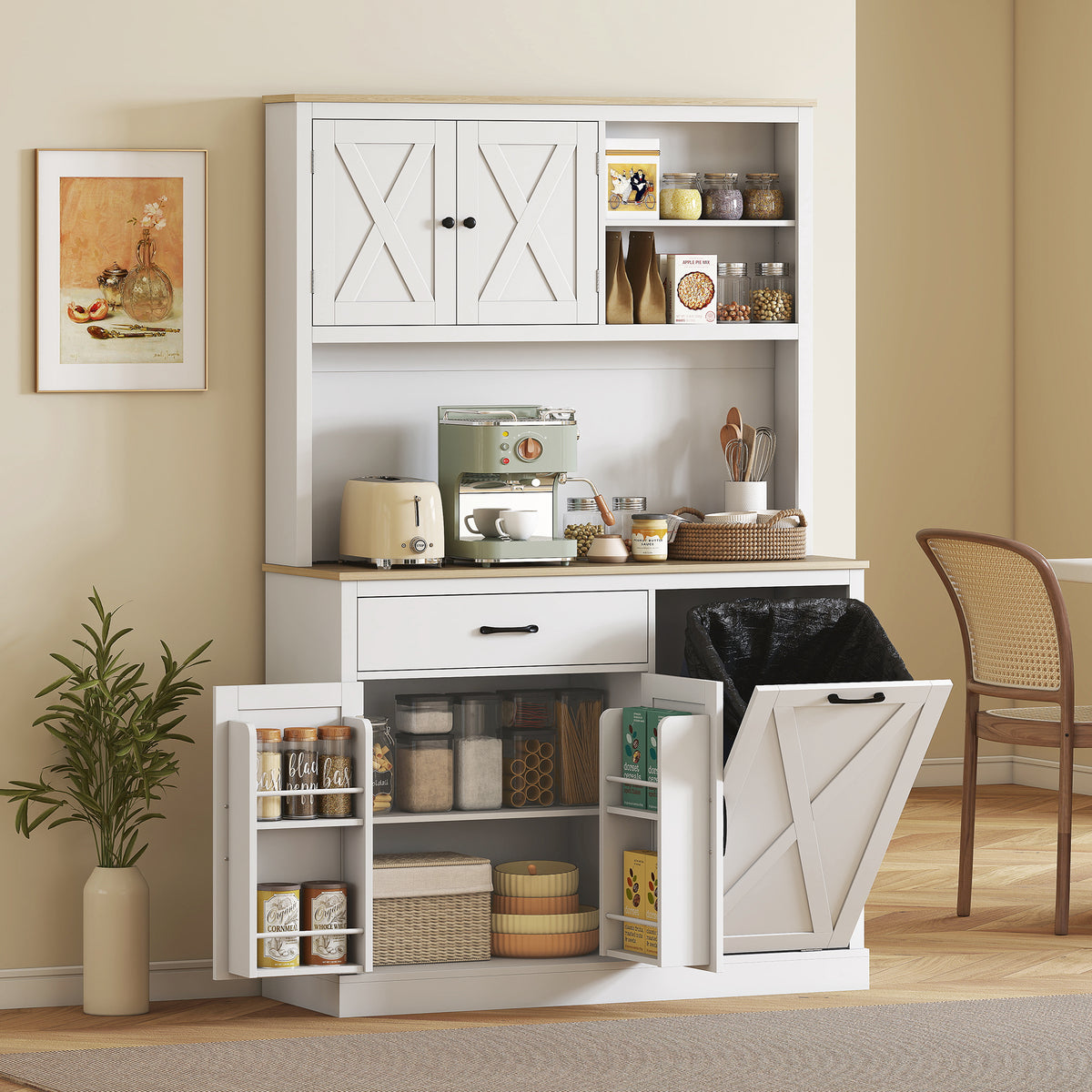 69" Kitchen Pantry Cabinet with Power Outlet - White/Oak-Home Furnishings > Storage & Organization > Kitchen Pantry Cabinets-DECOROLALA