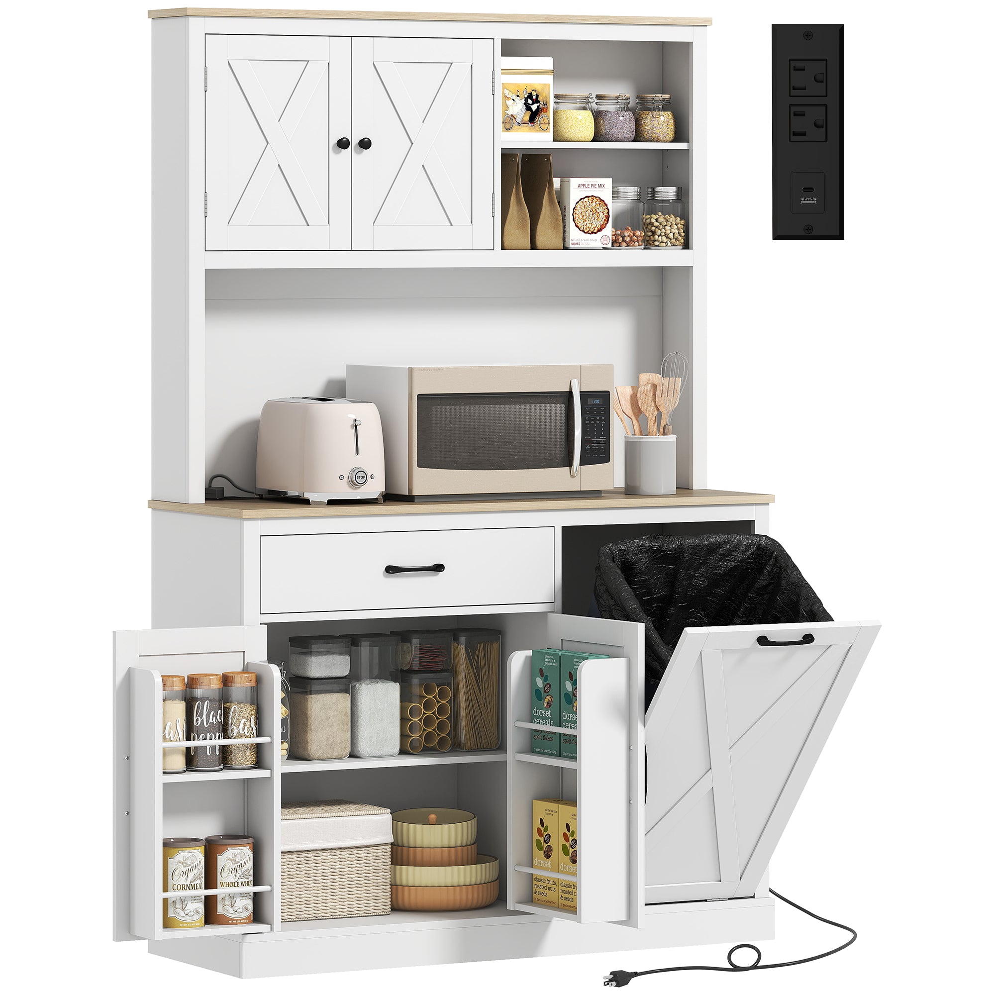 69" Kitchen Pantry Cabinet with Power Outlet - White/Oak-Home Furnishings > Storage & Organization > Kitchen Pantry Cabinets-DECOROLALA