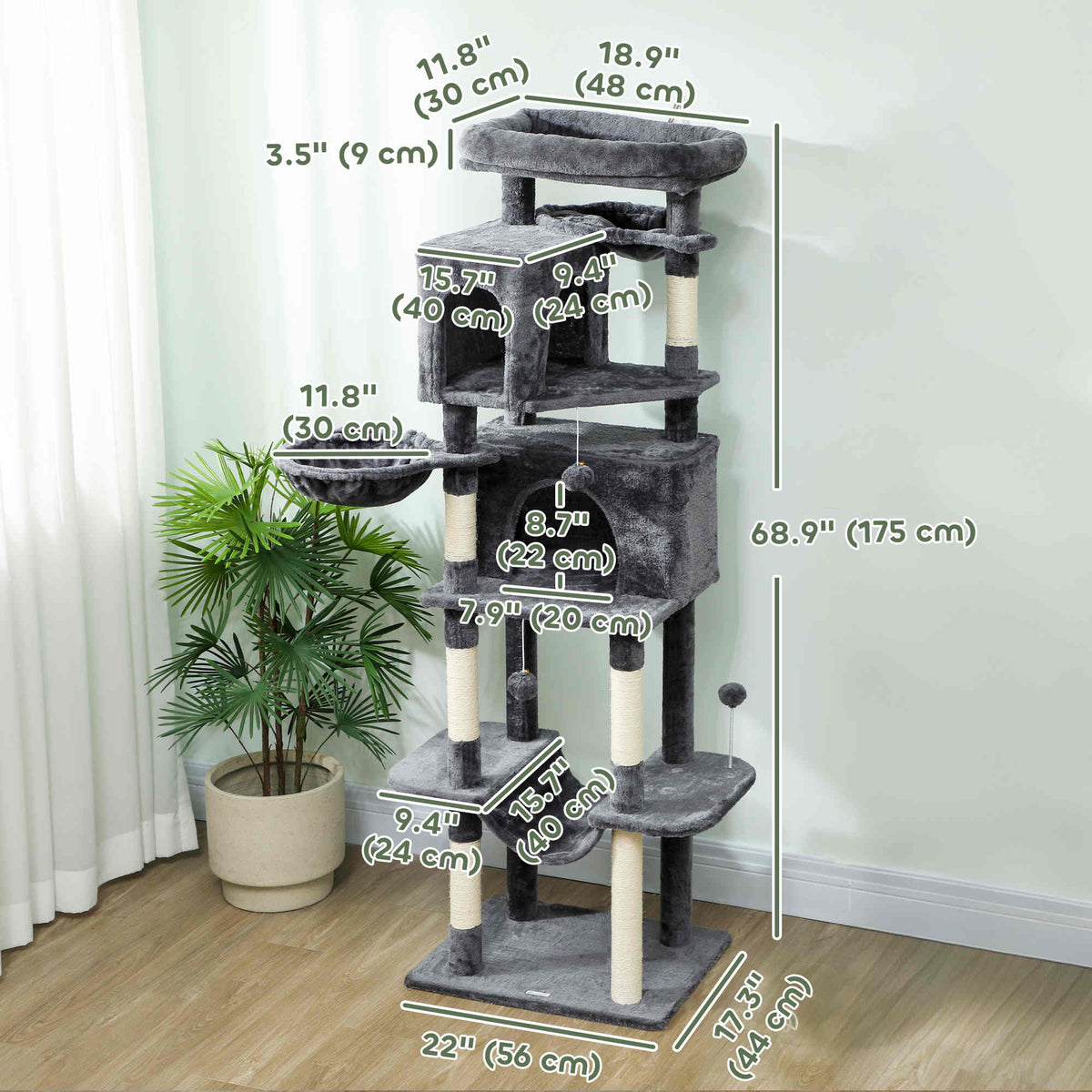 69" Multi-Level Cat Tree Tower with 2 Condos - Dark Grey-Cats-DECOROLALA