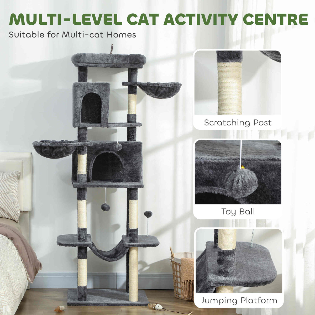 69" Multi-Level Cat Tree Tower with 2 Condos - Dark Grey-Cats-DECOROLALA