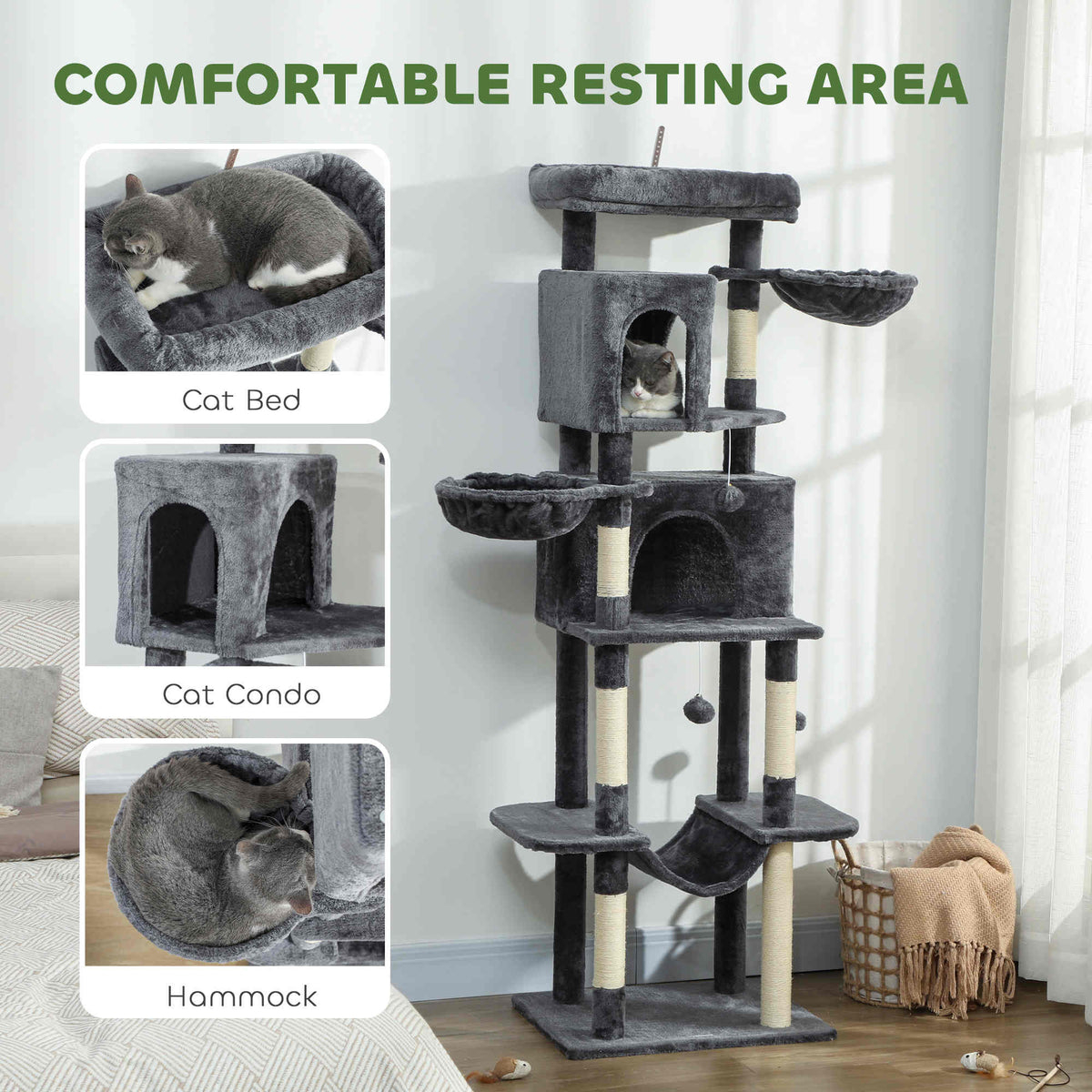 69" Multi-Level Cat Tree Tower with 2 Condos - Dark Grey-Cats-DECOROLALA