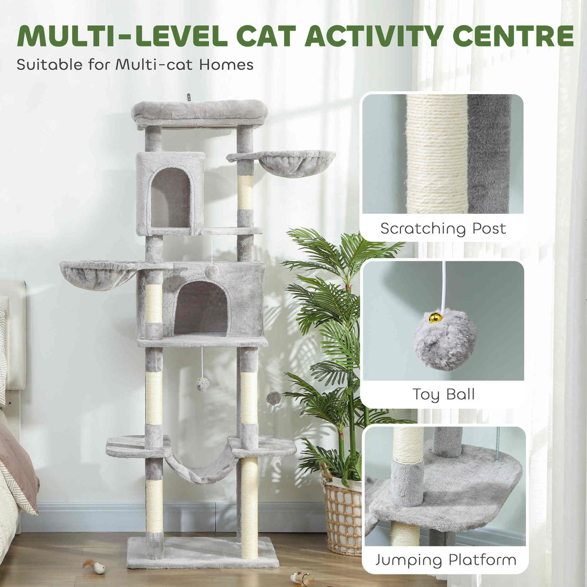 69" Multi-Level Cat Tree Tower with 2 Condos - Light Grey-Cats-DECOROLALA