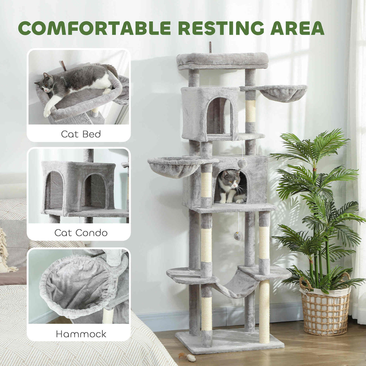 69" Multi-Level Cat Tree Tower with 2 Condos - Light Grey-Cats-DECOROLALA