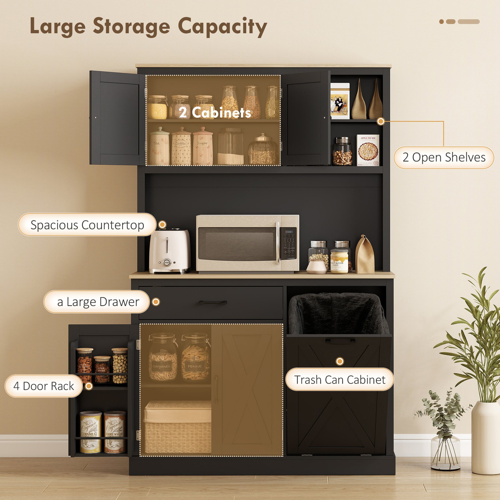 69" Pantry Cabinet with Charging Station, Kitchen Cabinet with Microwave Stand, Tilt-Out Trash Can Cabinet, Black-Home Furnishings > Storage & Organization > Kitchen Pantry Cabinets-DECOROLALA