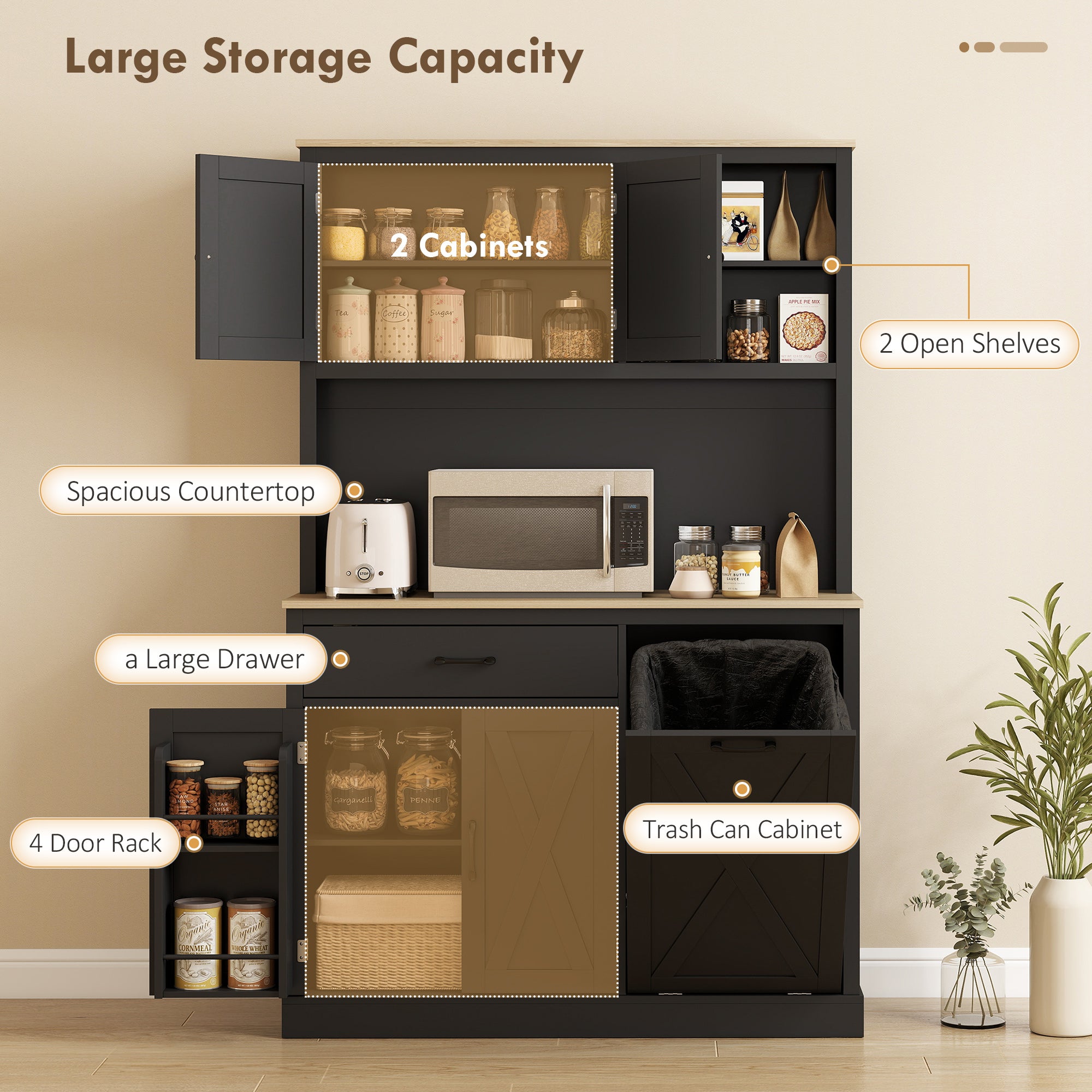 69" Pantry Cabinet with Charging Station, Kitchen Cabinet with Microwave Stand, Tilt-Out Trash Can Cabinet, Black-Home Furnishings > Storage & Organization > Kitchen Pantry Cabinets-DECOROLALA
