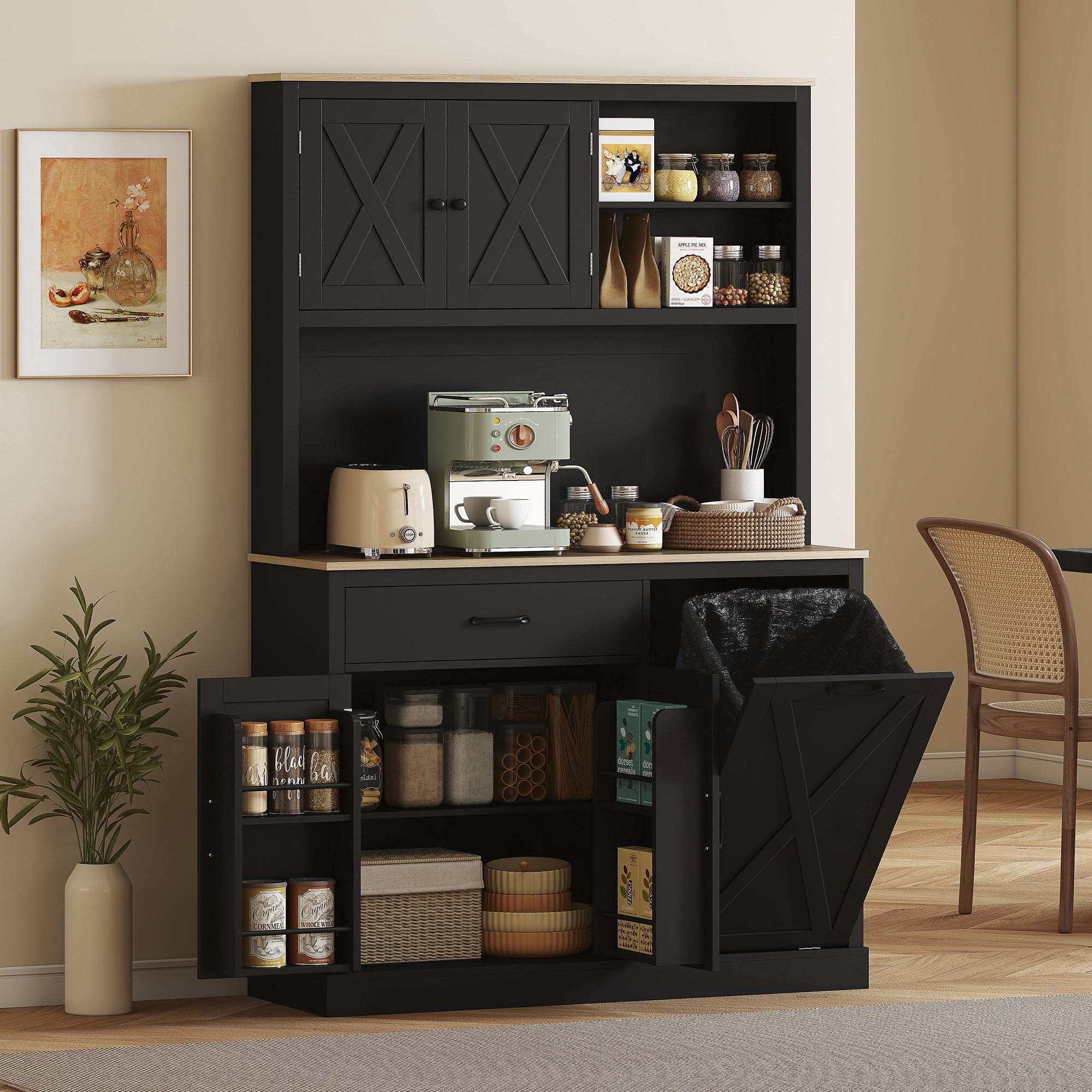 69" Pantry Cabinet with Charging Station, Kitchen Cabinet with Microwave Stand, Tilt-Out Trash Can Cabinet, Black-Home Furnishings > Storage & Organization > Kitchen Pantry Cabinets-DECOROLALA