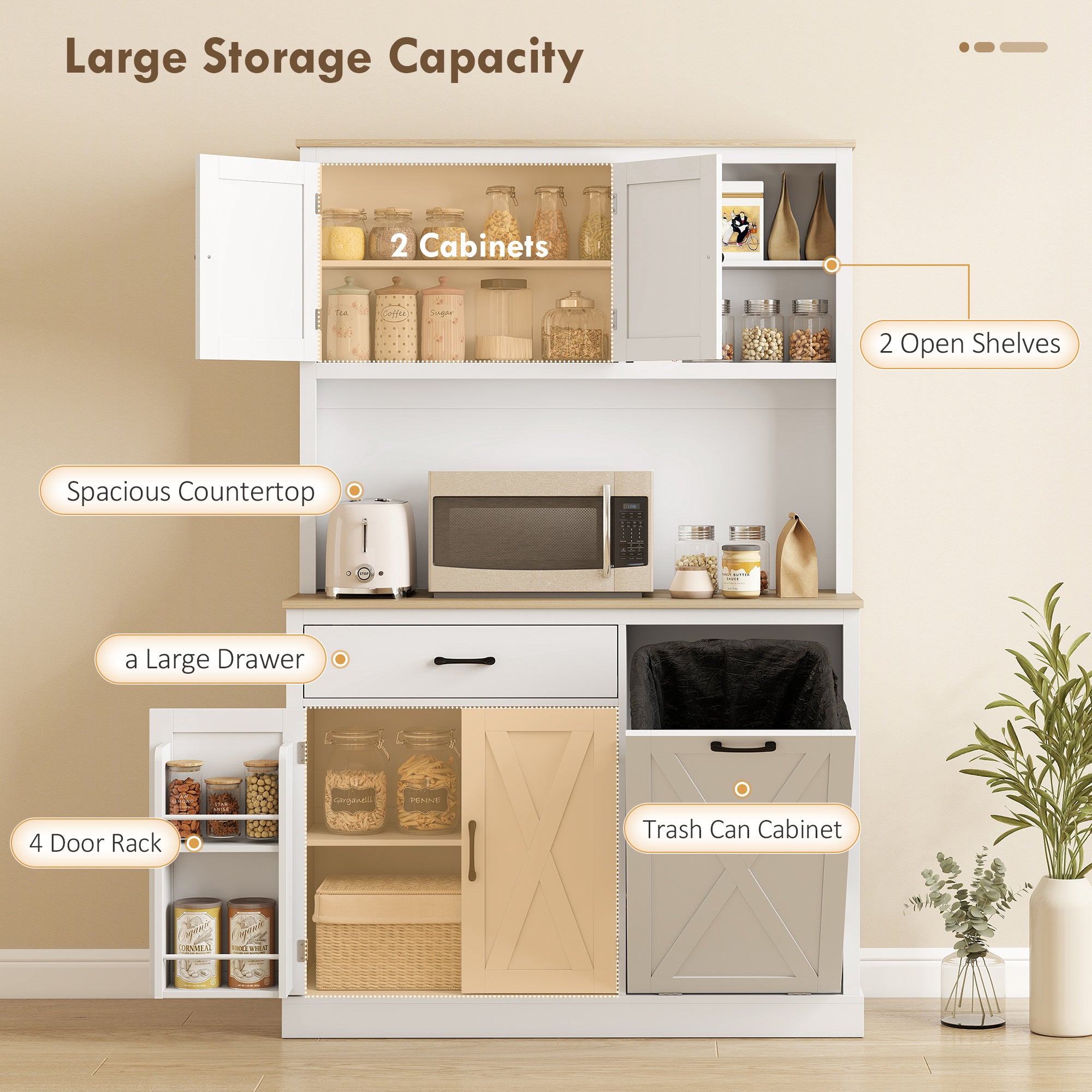69" Pantry Cabinet with Charging Station, Kitchen Cabinet with Microwave Stand, Tilt-Out Trash Can Cabinet, White-Home Furnishings > Storage & Organization > Kitchen Pantry Cabinets-DECOROLALA
