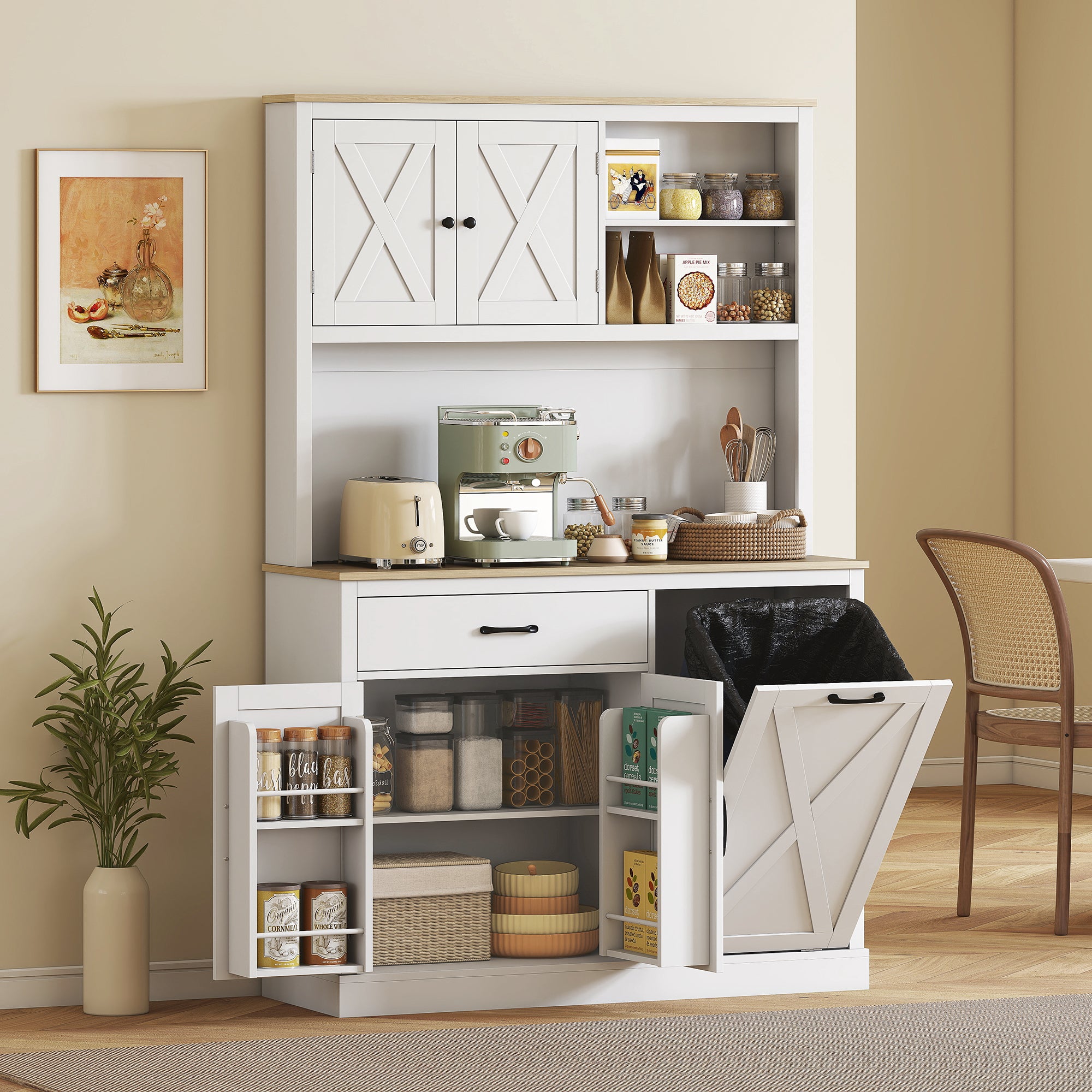69" Pantry Cabinet with Charging Station, Kitchen Cabinet with Microwave Stand, Tilt-Out Trash Can Cabinet, White-Home Furnishings > Storage & Organization > Kitchen Pantry Cabinets-DECOROLALA