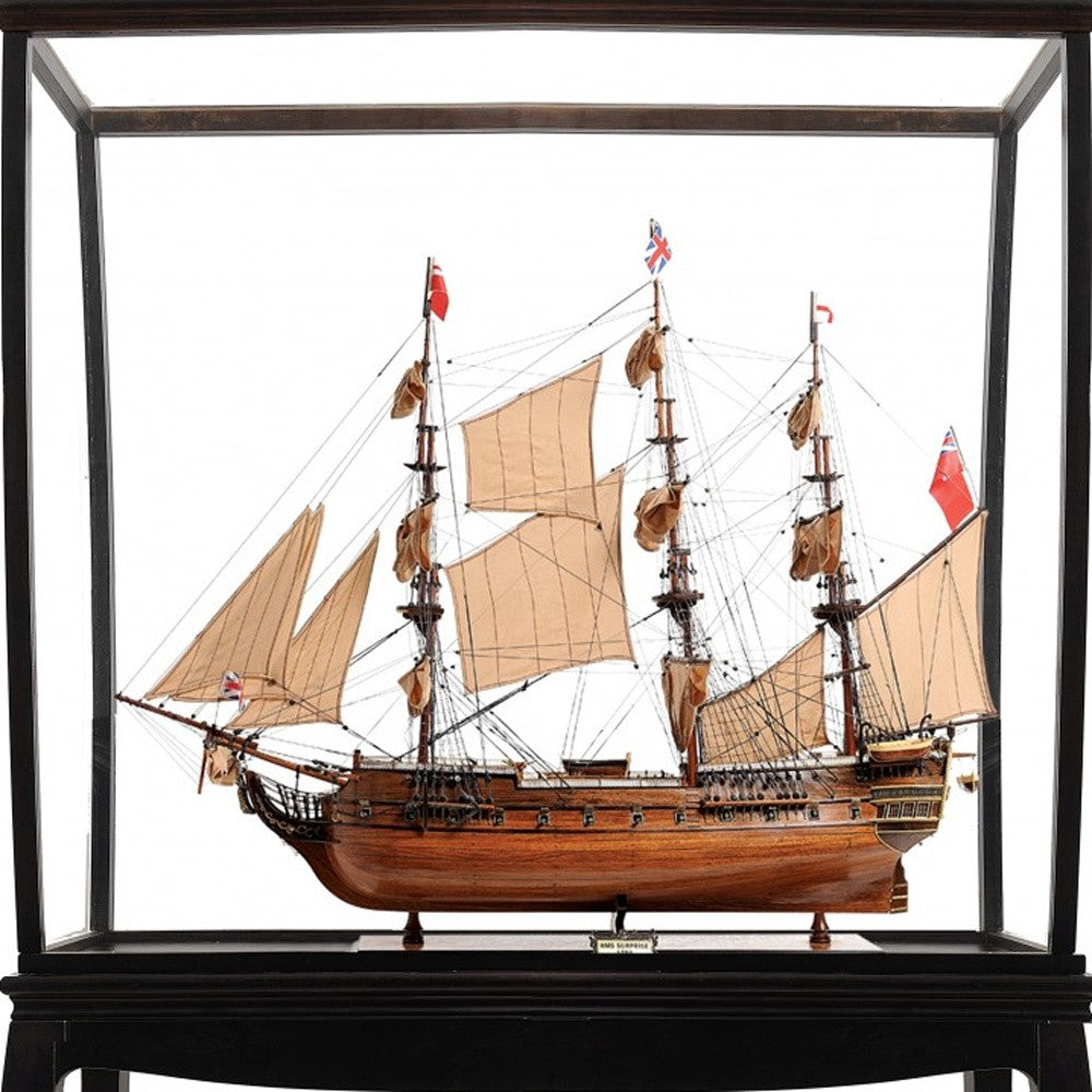 69" Wood Brown Solid Wood Hand Painted HMS Surprise 1796 Large Floor Display Case Model Boat-Sculptures-DECOROLALA
