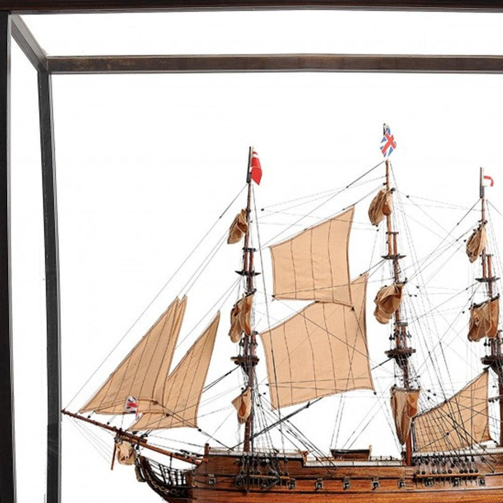69" Wood Brown Solid Wood Hand Painted HMS Surprise 1796 Large Floor Display Case Model Boat-Sculptures-DECOROLALA