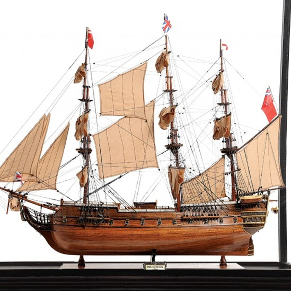 69" Wood Brown Solid Wood Hand Painted HMS Surprise 1796 Large Floor Display Case Model Boat-Sculptures-DECOROLALA