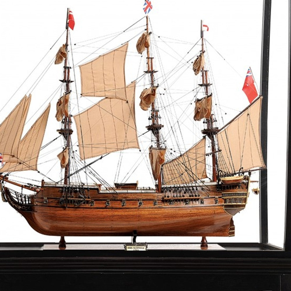 69" Wood Brown Solid Wood Hand Painted HMS Surprise 1796 Large Floor Display Case Model Boat-Sculptures-DECOROLALA