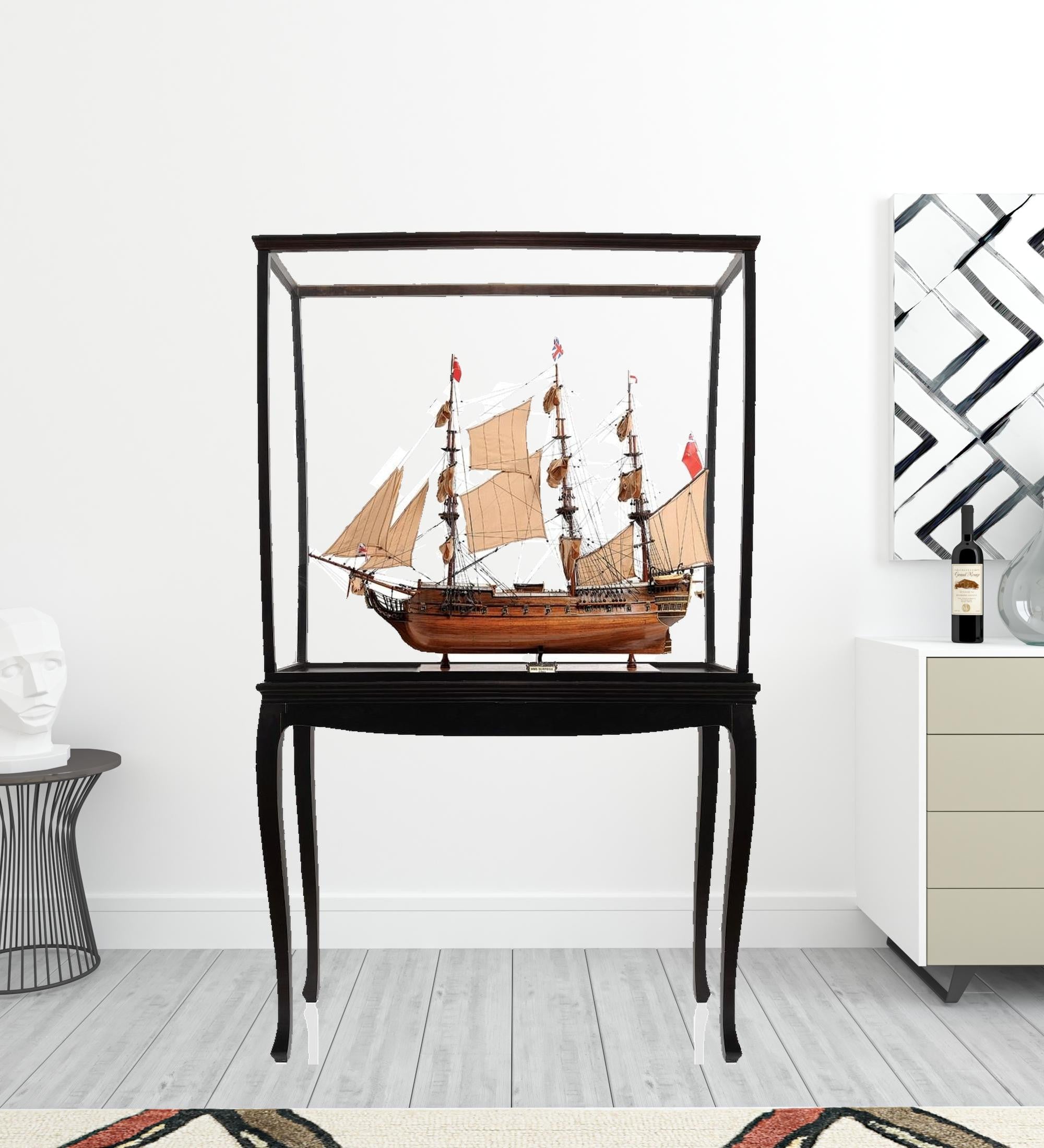 69" Wood Brown Solid Wood Hand Painted HMS Surprise 1796 Large Floor Display Case Model Boat-Sculptures-DECOROLALA