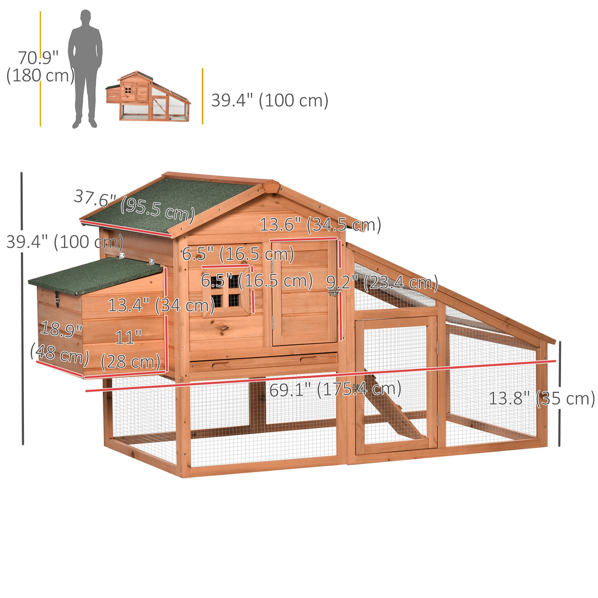 69" Wooden Chicken Coop with Outdoor Run - Yellow and Green-Small Animals-DECOROLALA