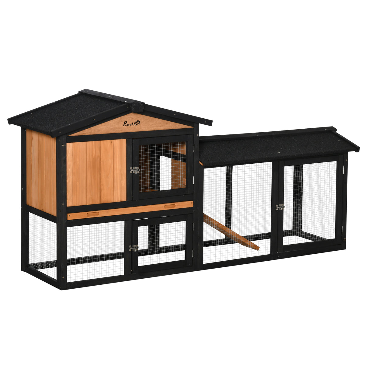 69" Wooden Rabbit Hutch - Black Fir Wood Pet Playpen with Run Box-Small Animals-DECOROLALA
