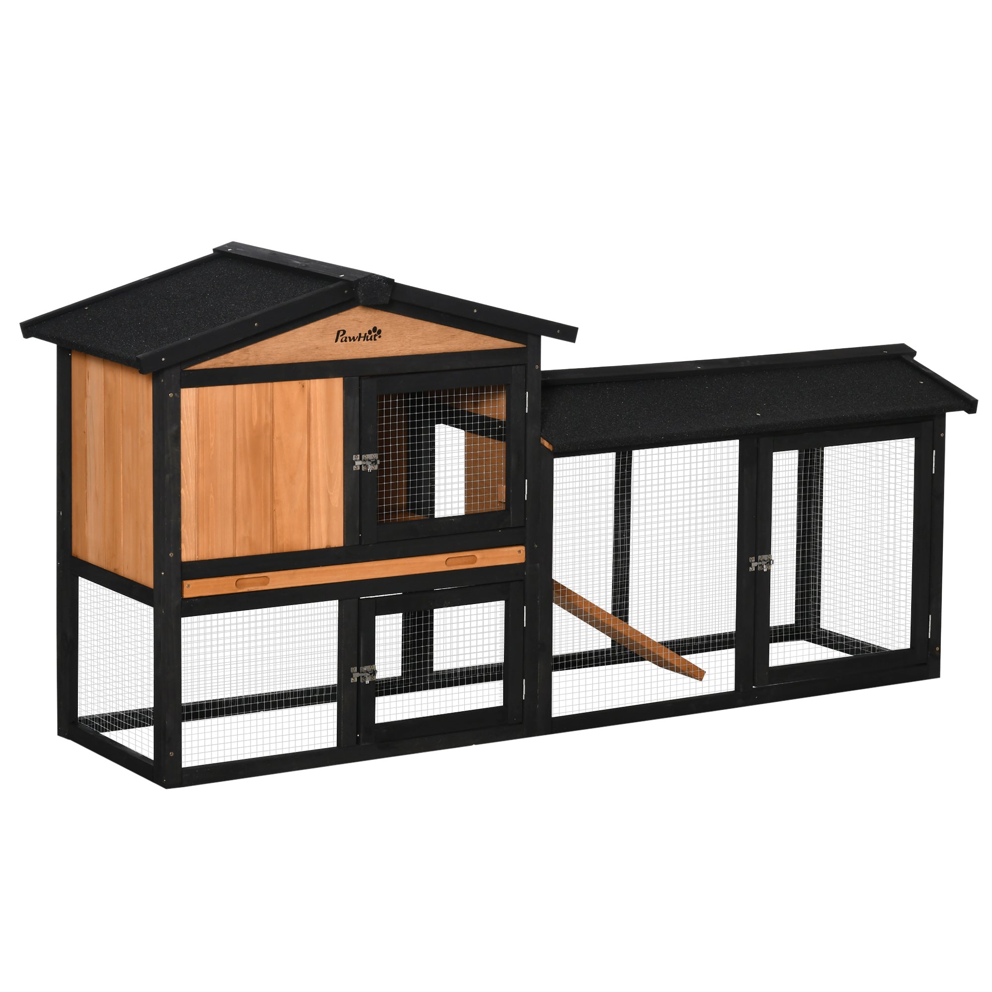69" Wooden Rabbit Hutch - Black Fir Wood Pet Playpen with Run Box-Small Animals-DECOROLALA