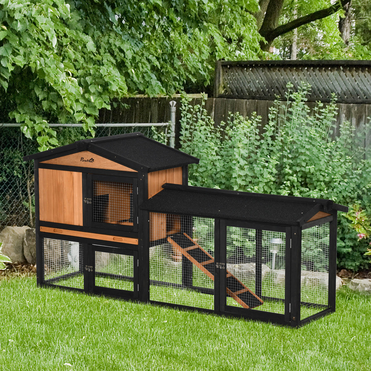 69" Wooden Rabbit Hutch - Black Fir Wood Pet Playpen with Run Box-Small Animals-DECOROLALA