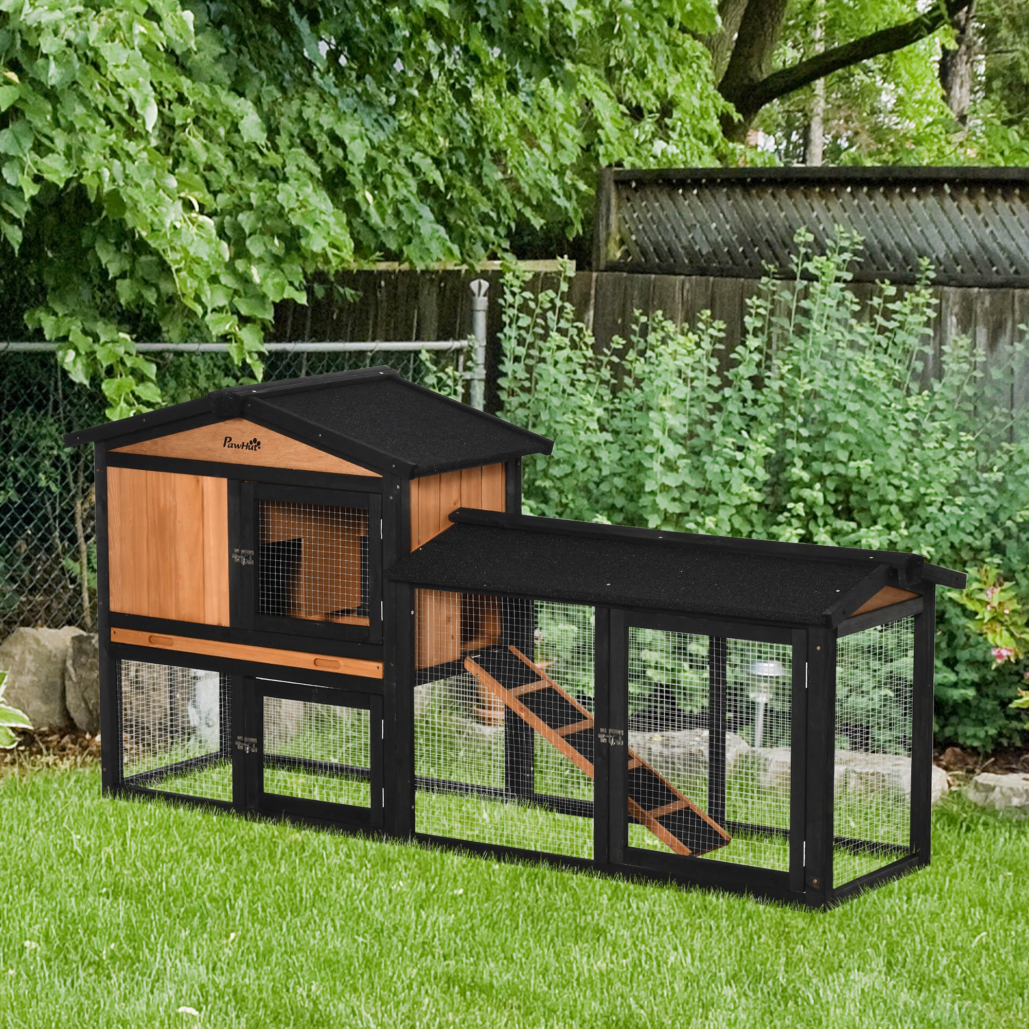 69" Wooden Rabbit Hutch - Black Fir Wood Pet Playpen with Run Box-Small Animals-DECOROLALA