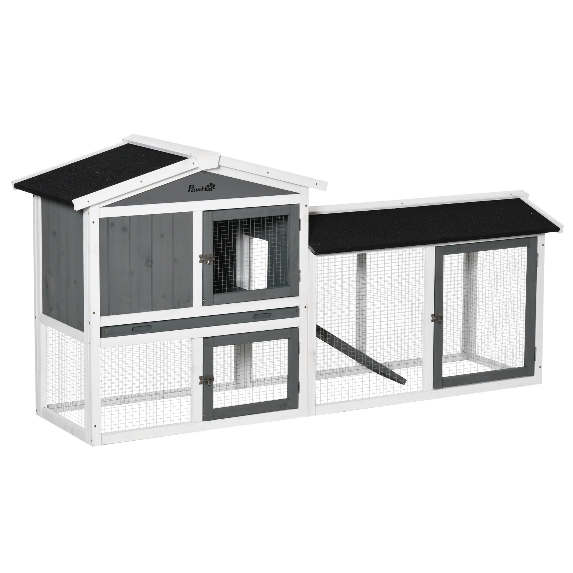 69" Wooden Rabbit Hutch - White Fir Wood Bunny House with Run Box-Small Animals-DECOROLALA