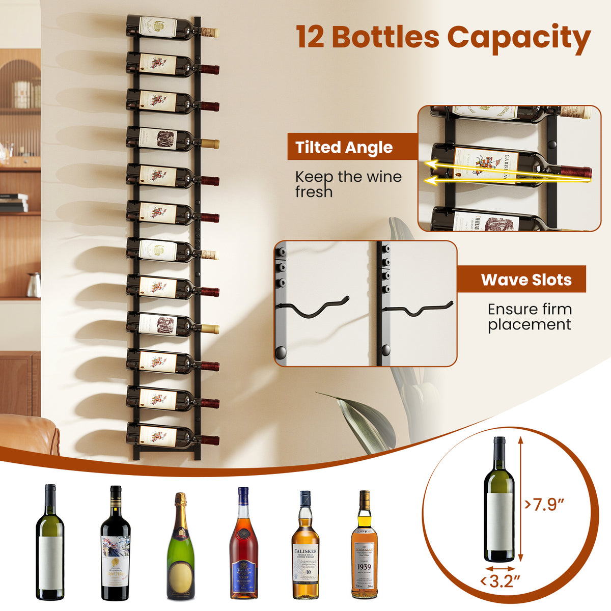 6/9/12-Bottle Rustproof Wall-Mounted Wine Rack-XL-Wine Racks-DECOROLALA